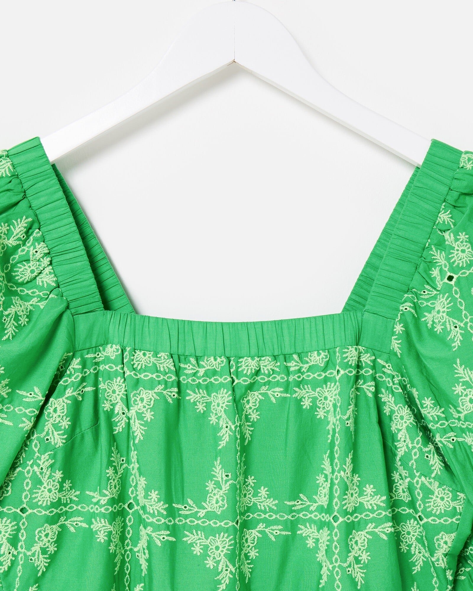 Green Floral Broderie Tile Puff Sleeve Midi Dress | Oliver Bonas