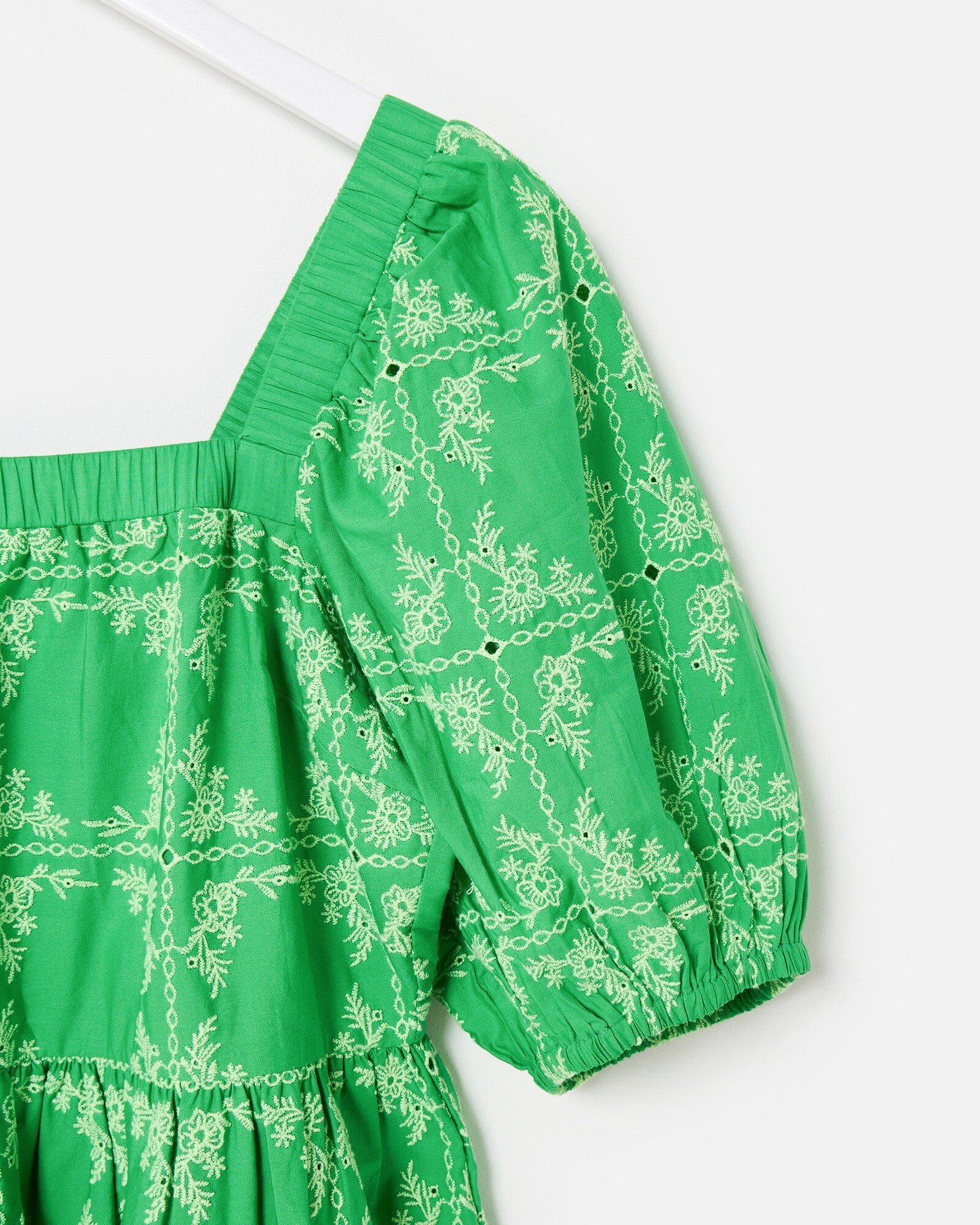 Green Floral Broderie Tile Puff Sleeve Midi Dress | Oliver Bonas