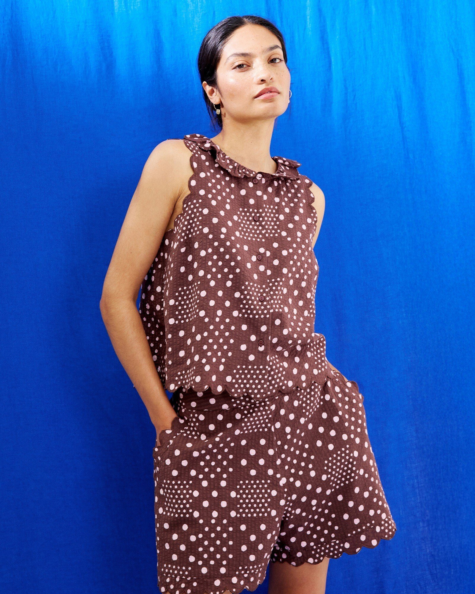 Chocolate Brown Pink Polka Dot Scalloped Shorts Oliver Bonas IE