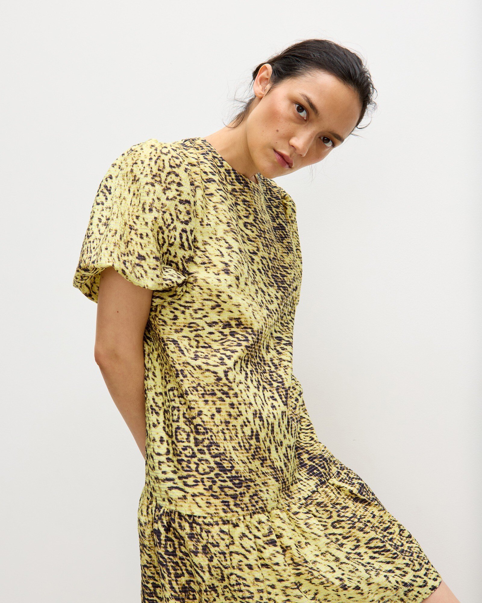Yellow Animal Print Textured Puff Sleeve Mini Dress Oliver Bonas