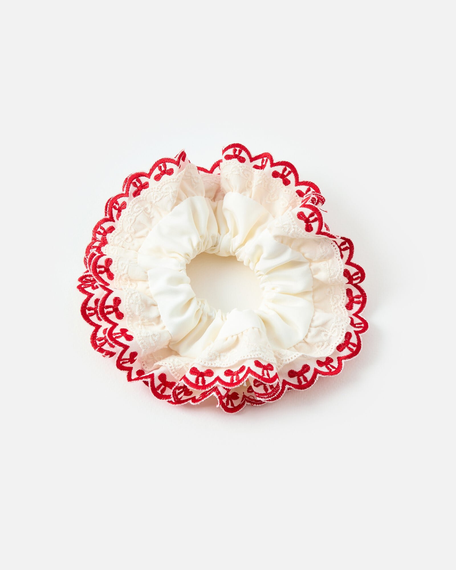 Kendall Cream & Red Bow Frill Large Hair Scrunchie | Oliver Bonas