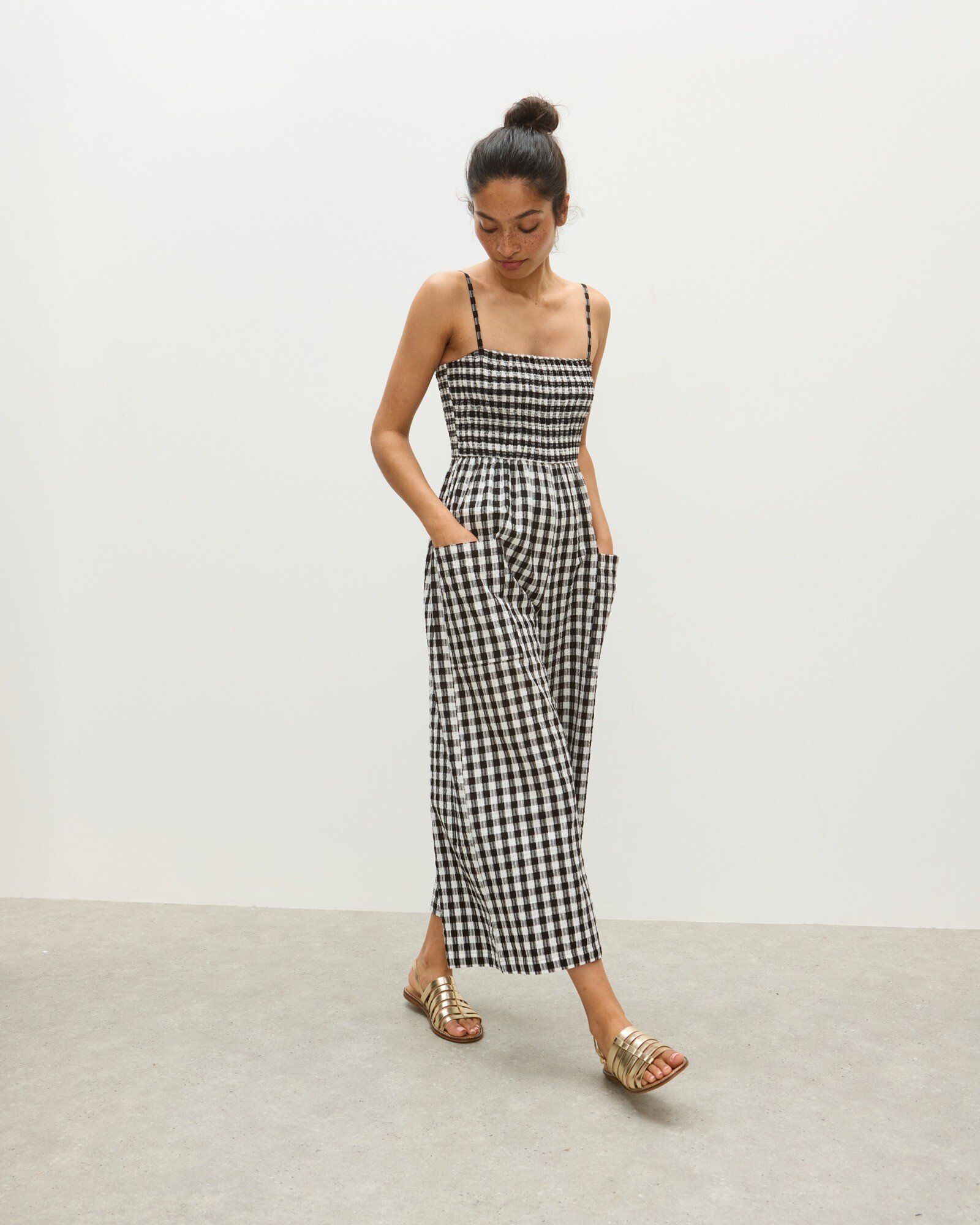 Monochrome Gingham Strappy Cropped Cotton Jumpsuit Oliver Bonas
