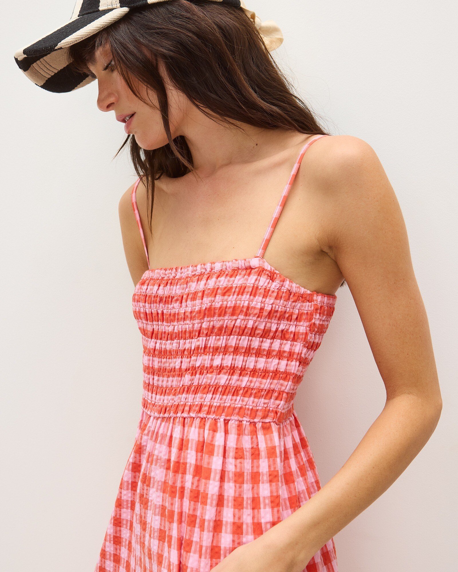 Red & Pink Gingham Strappy Cropped Cotton Jumpsuit | Oliver Bonas
