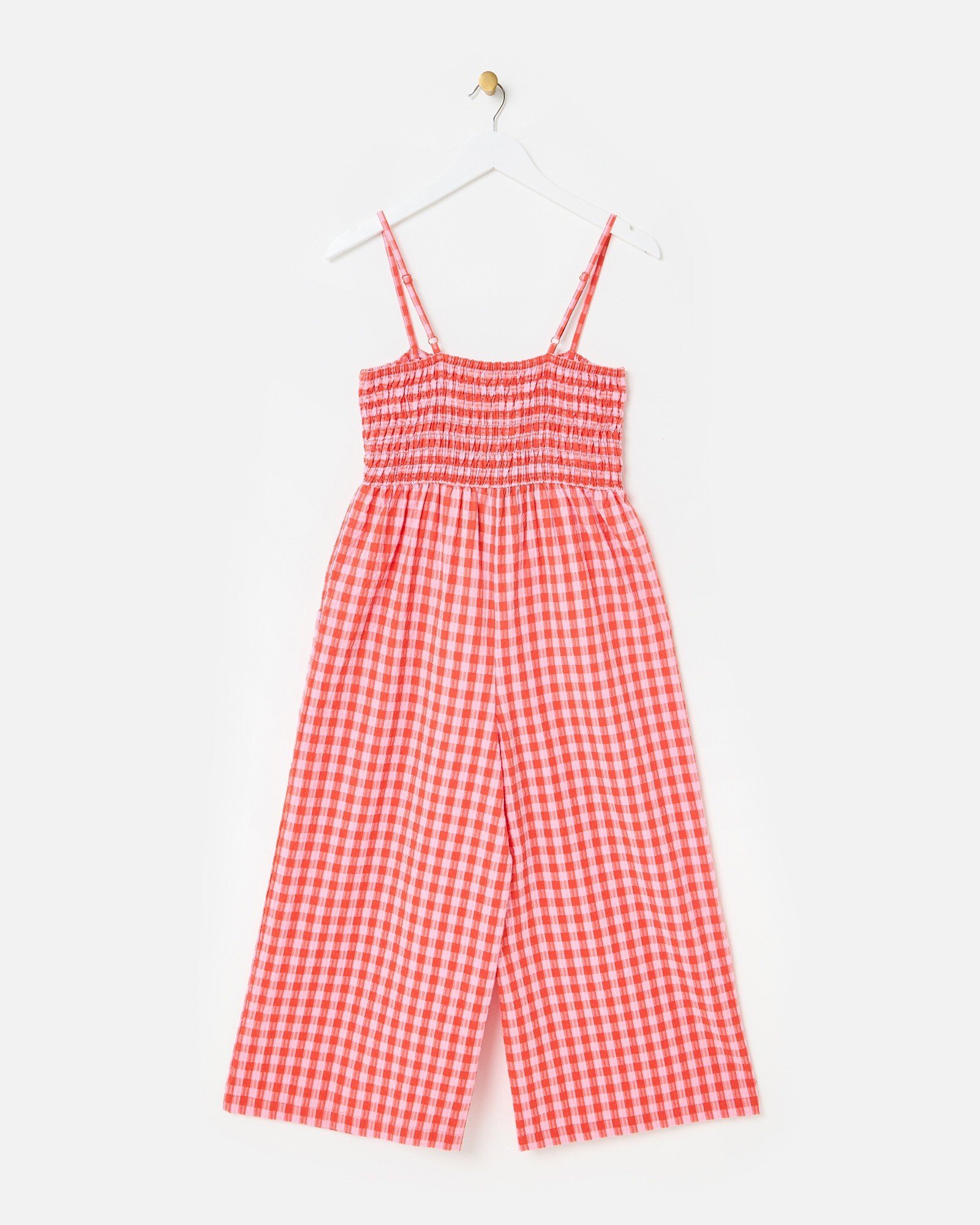 Red Pink Gingham Strappy Cropped Cotton Jumpsuit Oliver Bonas