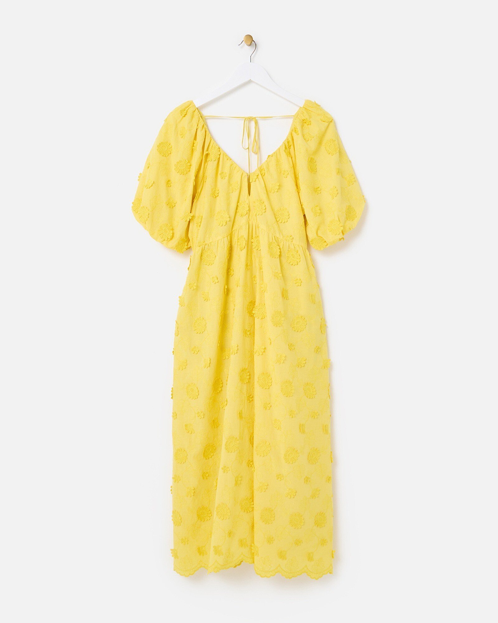 Yellow 3D Floral Textured Puff Sleeve Cotton Midi Dress Oliver
