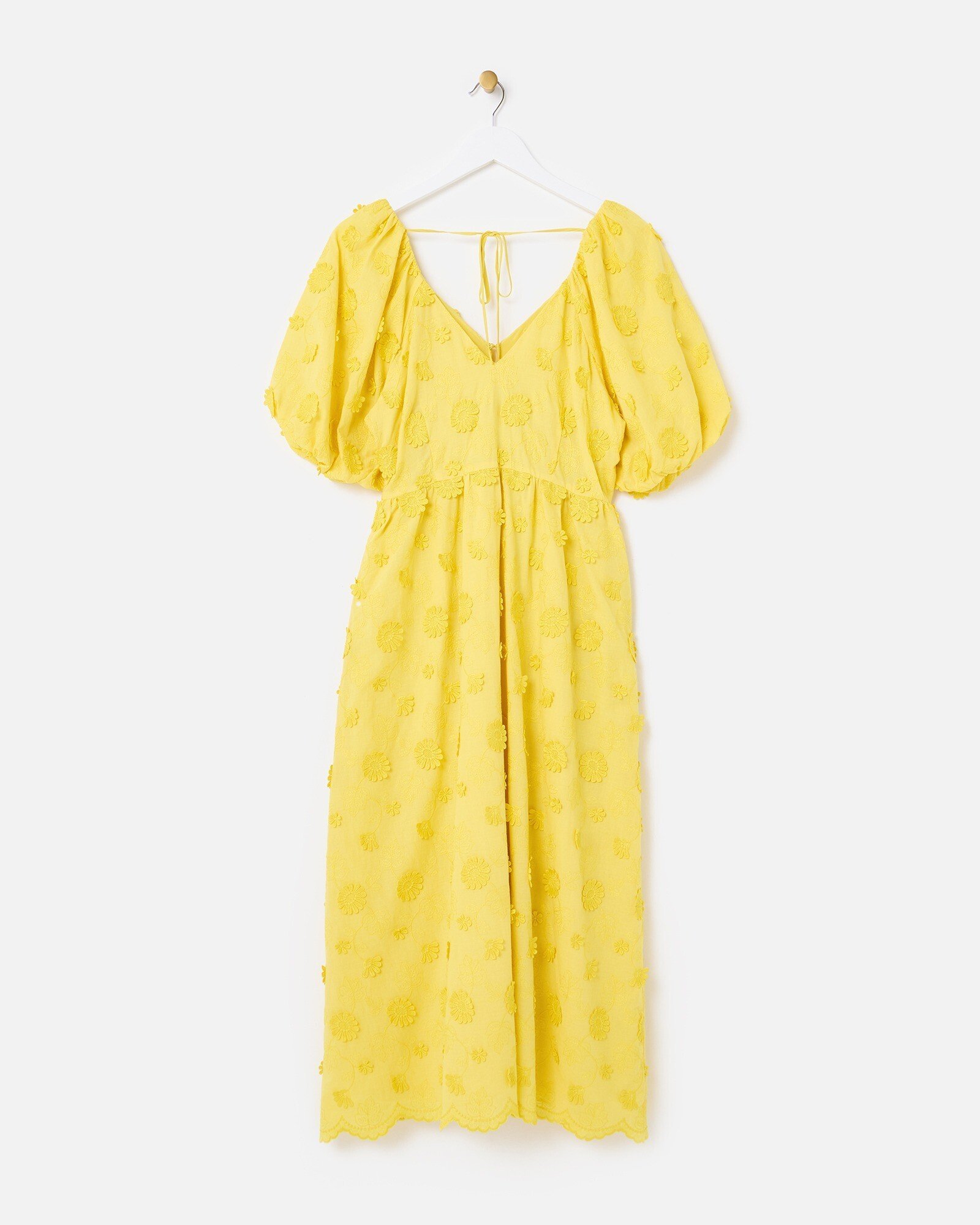 Yellow 3D Floral Textured Puff Sleeve Cotton Midi Dress Oliver Bonas
