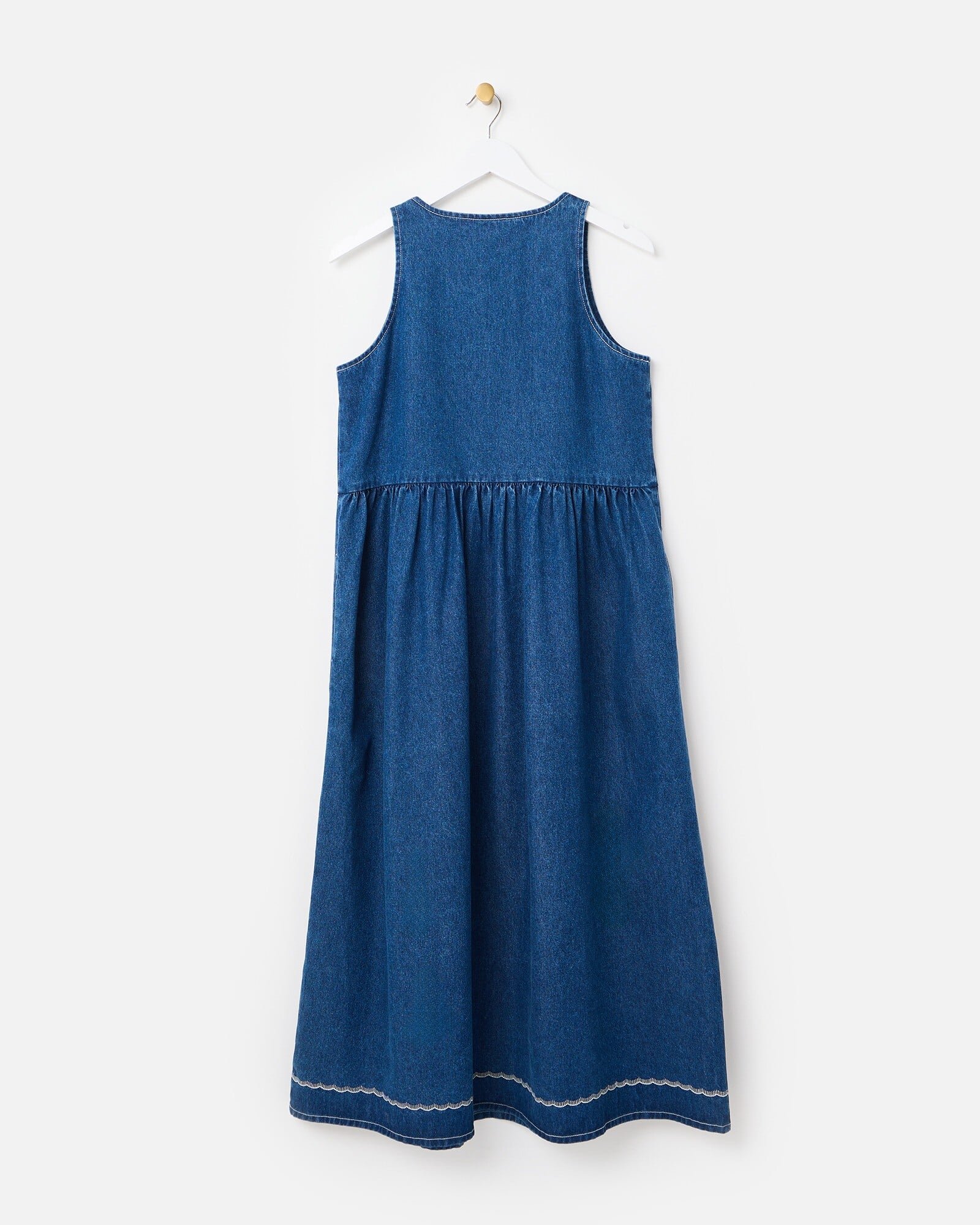 Dark Blue Denim Scallop Stitch Sleeveless Midi Dress | Oliver Bonas