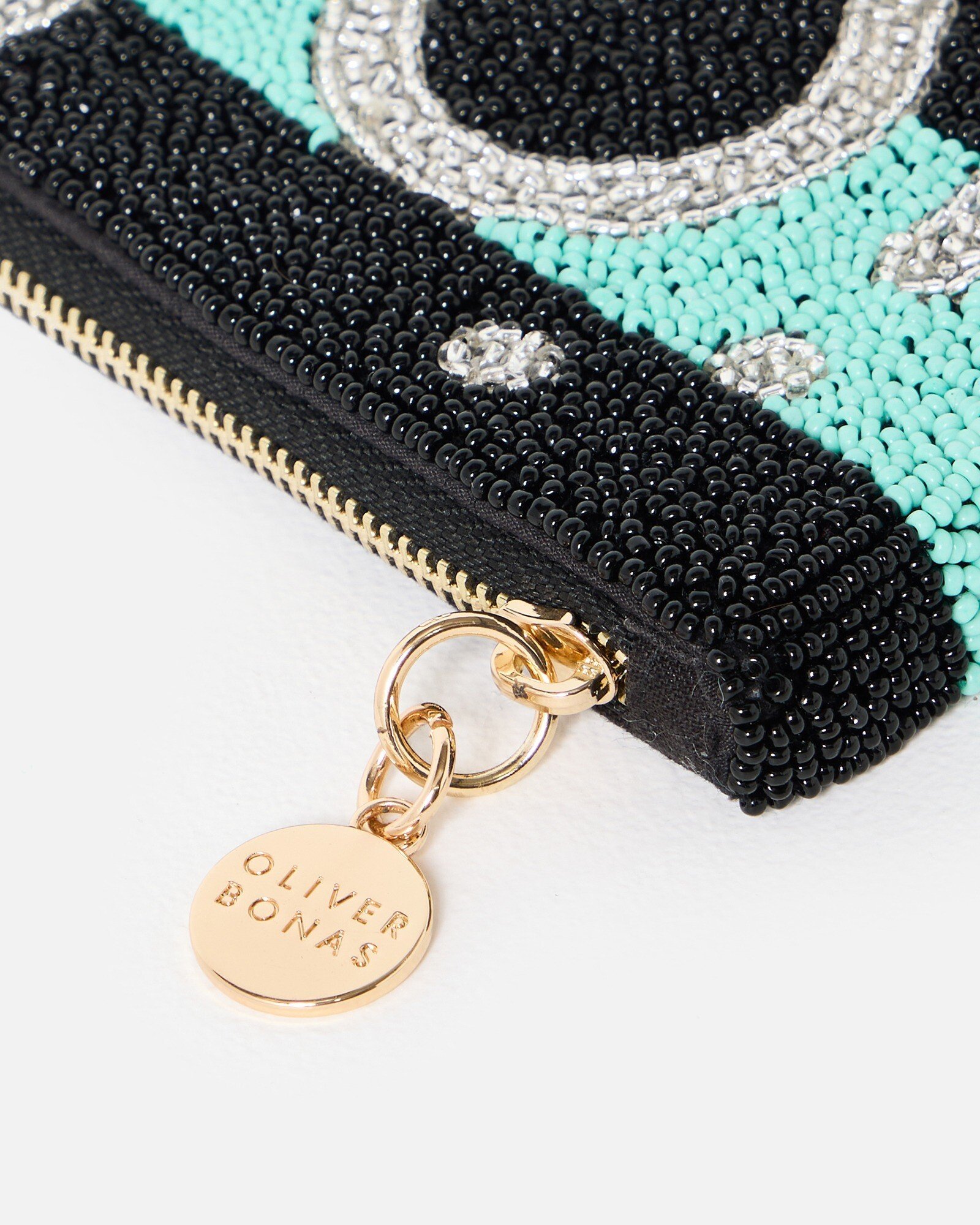 Mint Green & Black Camera Beaded Zipped Pouch | Oliver Bonas