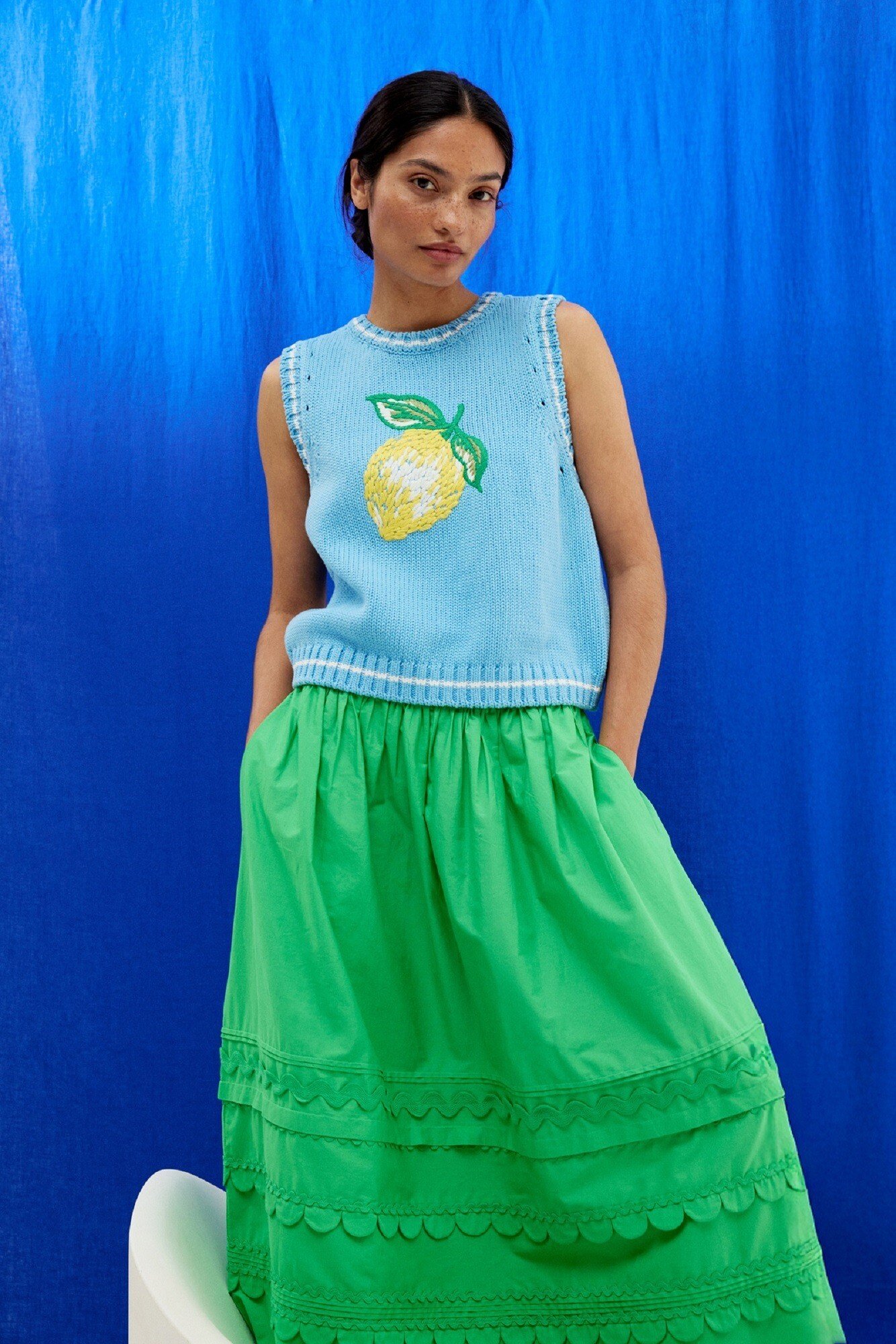Blue Lemon Embroidered Knitted Vest Oliver Bonas
