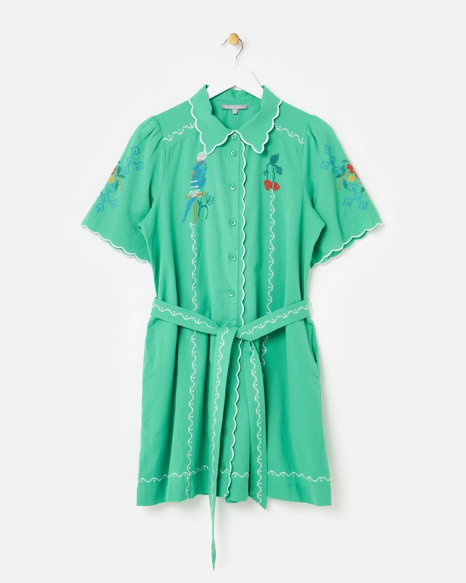 Green Parrot Cross Stitch Mini Shirt Dress | Oliver Bonas