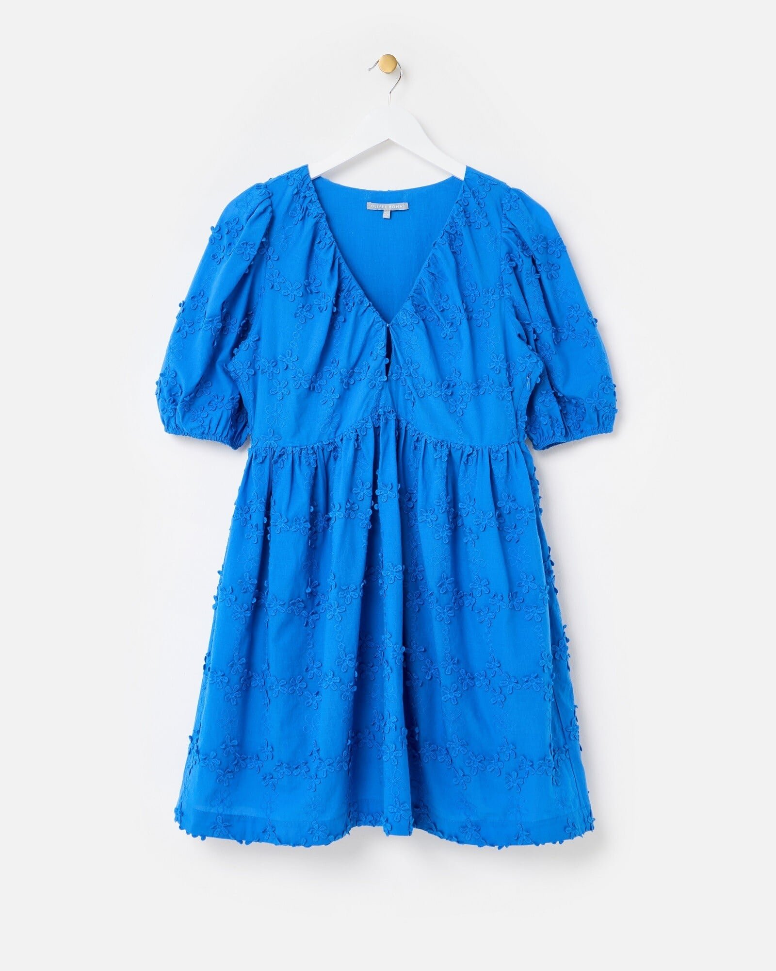 Cobalt Blue 3D Floral Textured Puff Sleeve Mini Dress | Oliver Bonas