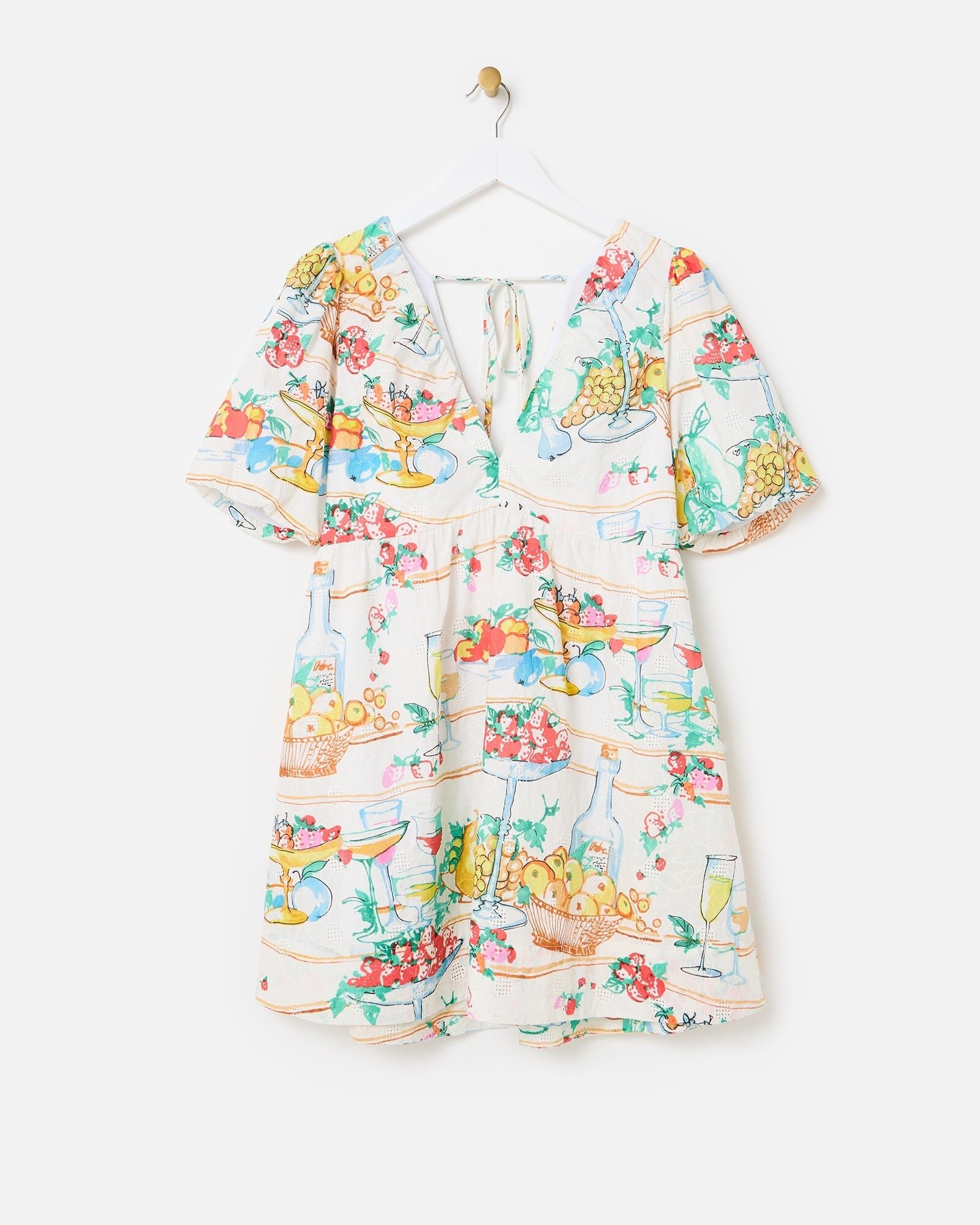 White Floral Embroidered Fruit Print Puff Sleeve Mini Dress | Oliver Bonas