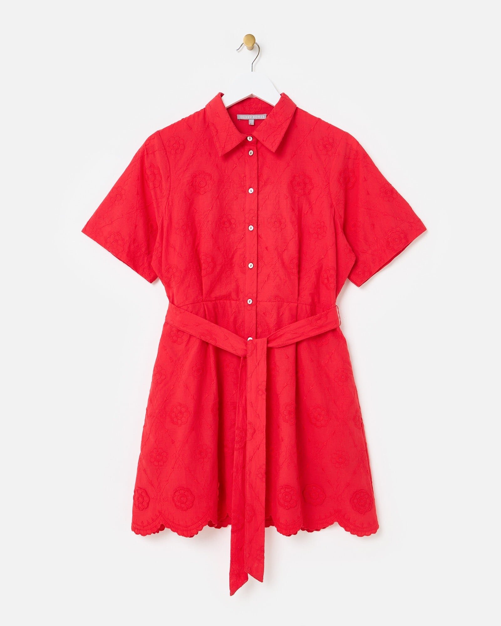 Red Floral Broderie Textured Mini Shirt Dress | Oliver Bonas