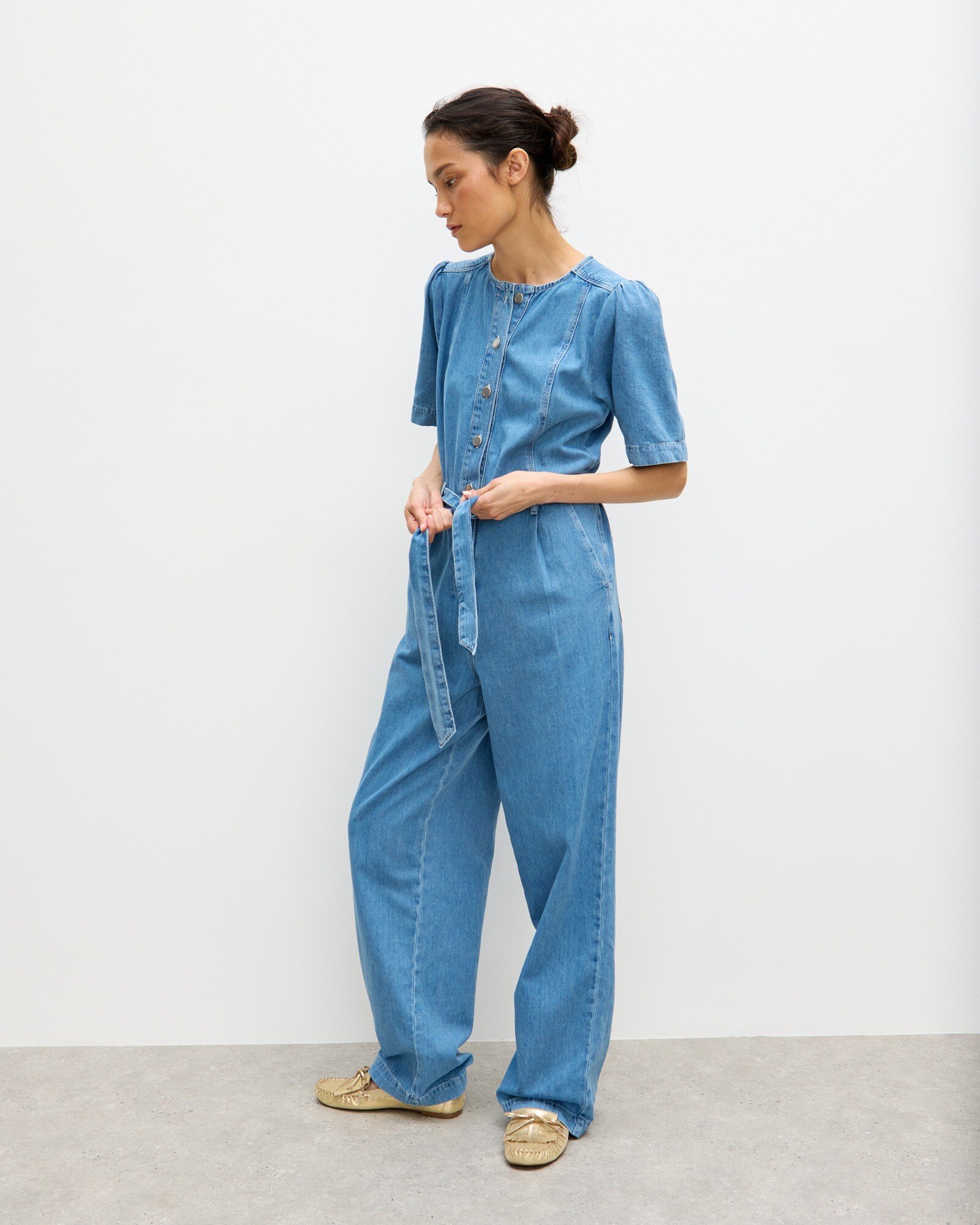 Blue Chambray Short Sleeve Tie Waist Jumpsuit Oliver Bonas