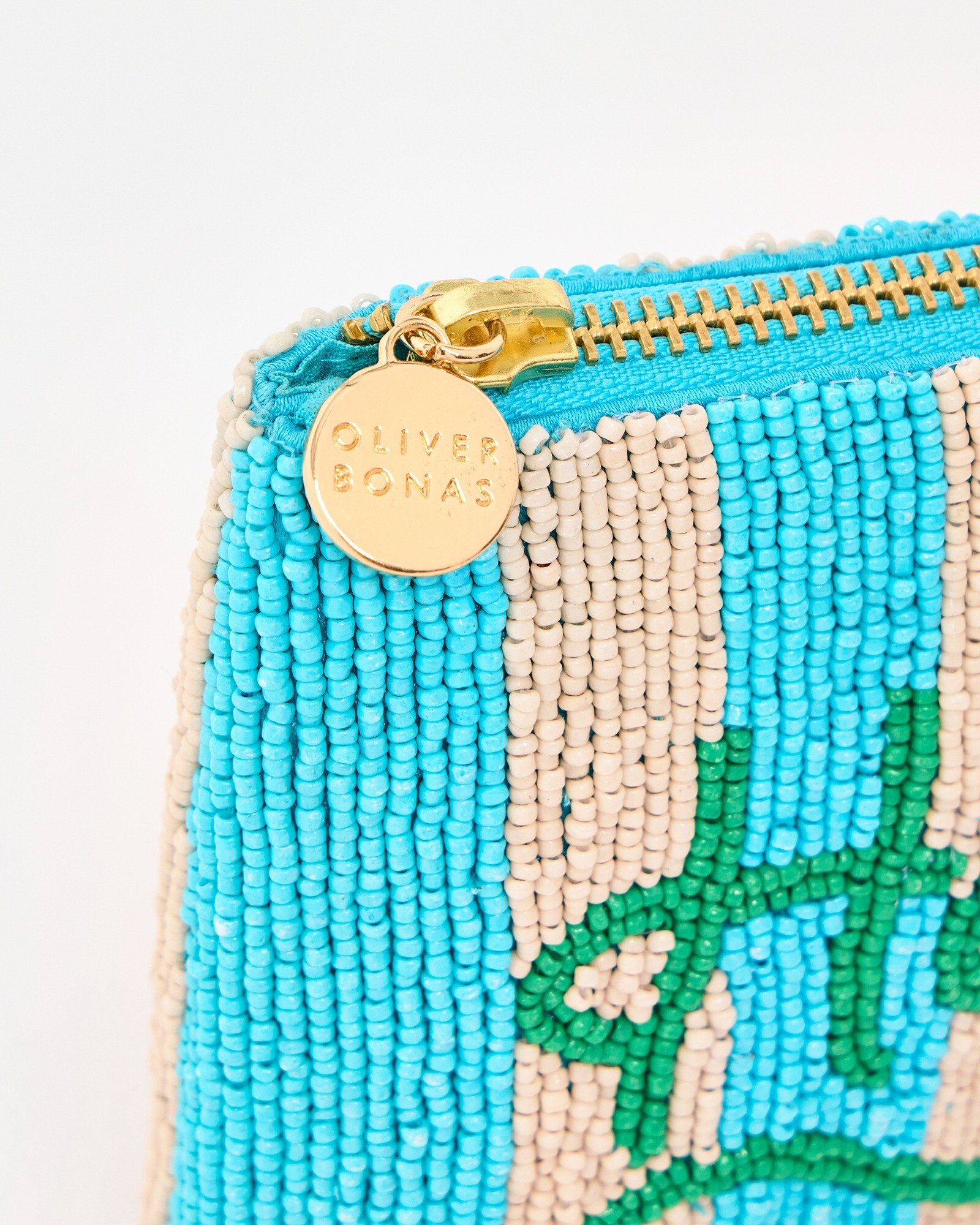 Hola Aqua Blue & Cream Striped Beaded Zipped Pouch | Oliver Bonas