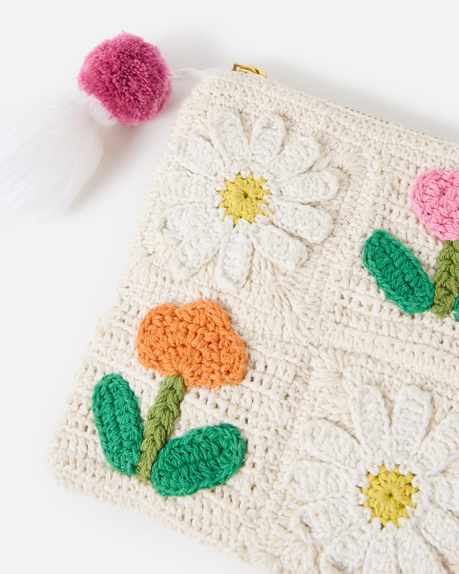 Cream Crochet Flower Zipped Pouch Oliver Bonas