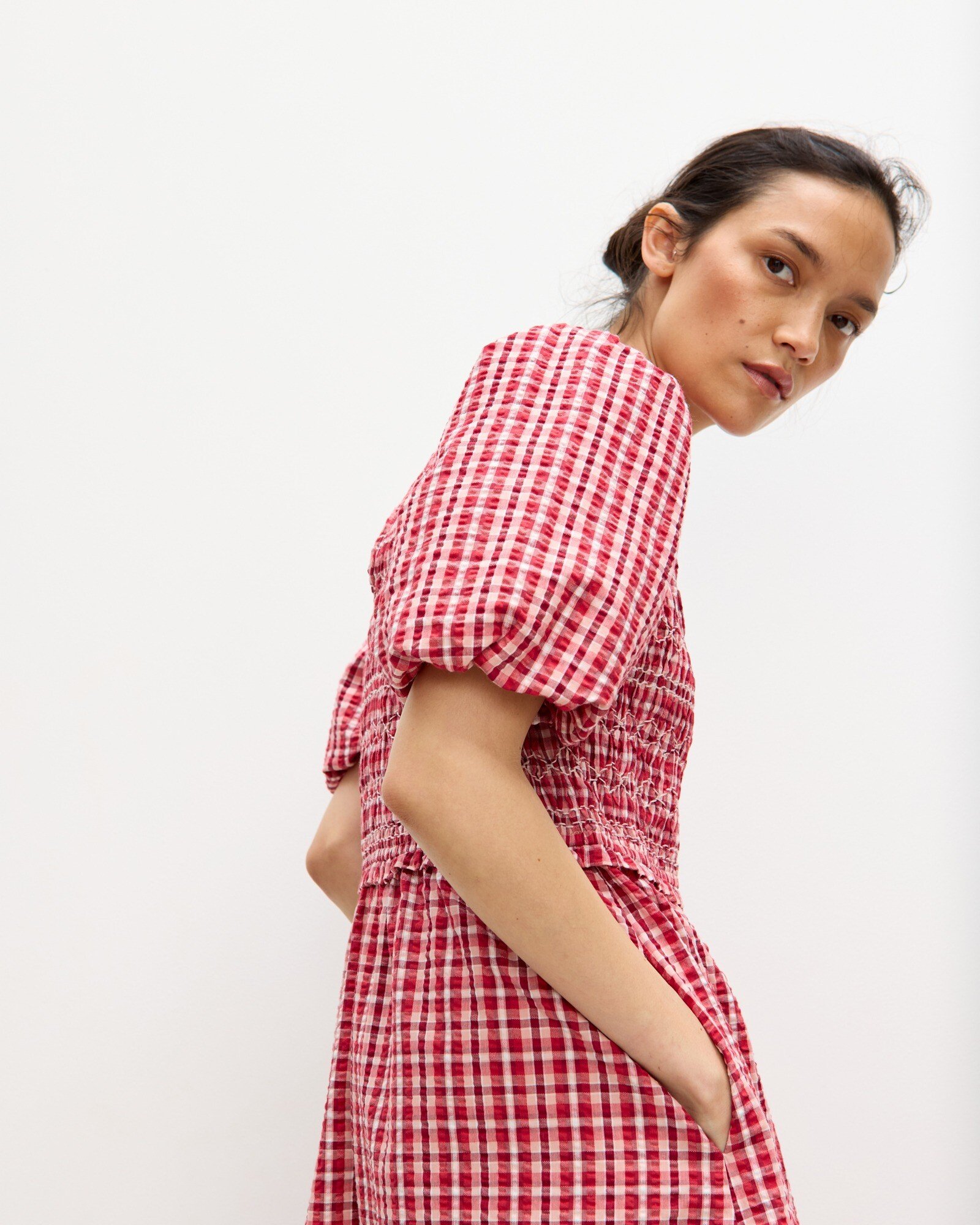 MASKAZU Women's Midi Gingham Dress – Deep V-Neck, Puff Short Sleeves, Elastic Waist, Day To Party