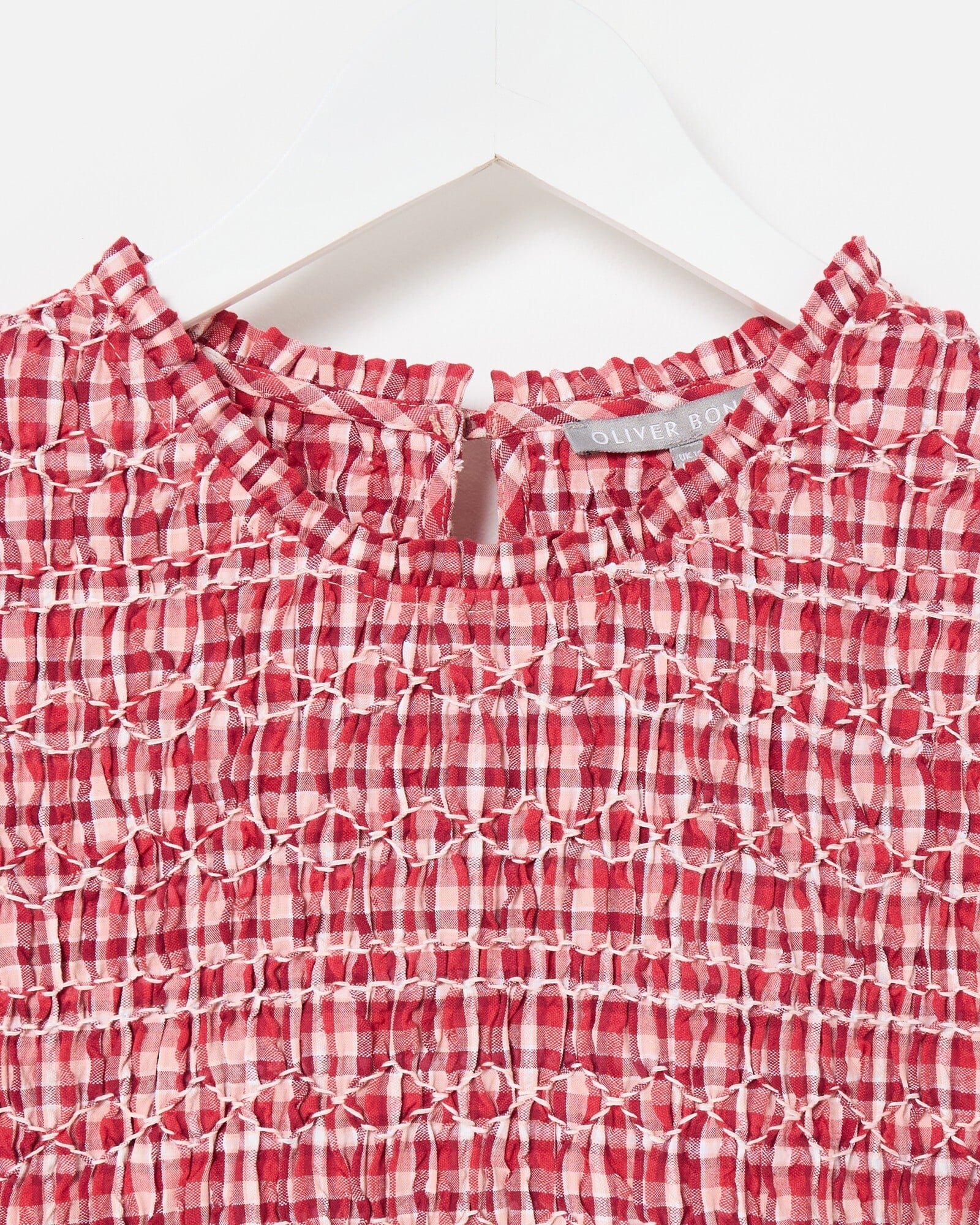 Red Gingham Shirred Bodice Puff Sleeve Midi Dress | Oliver Bonas