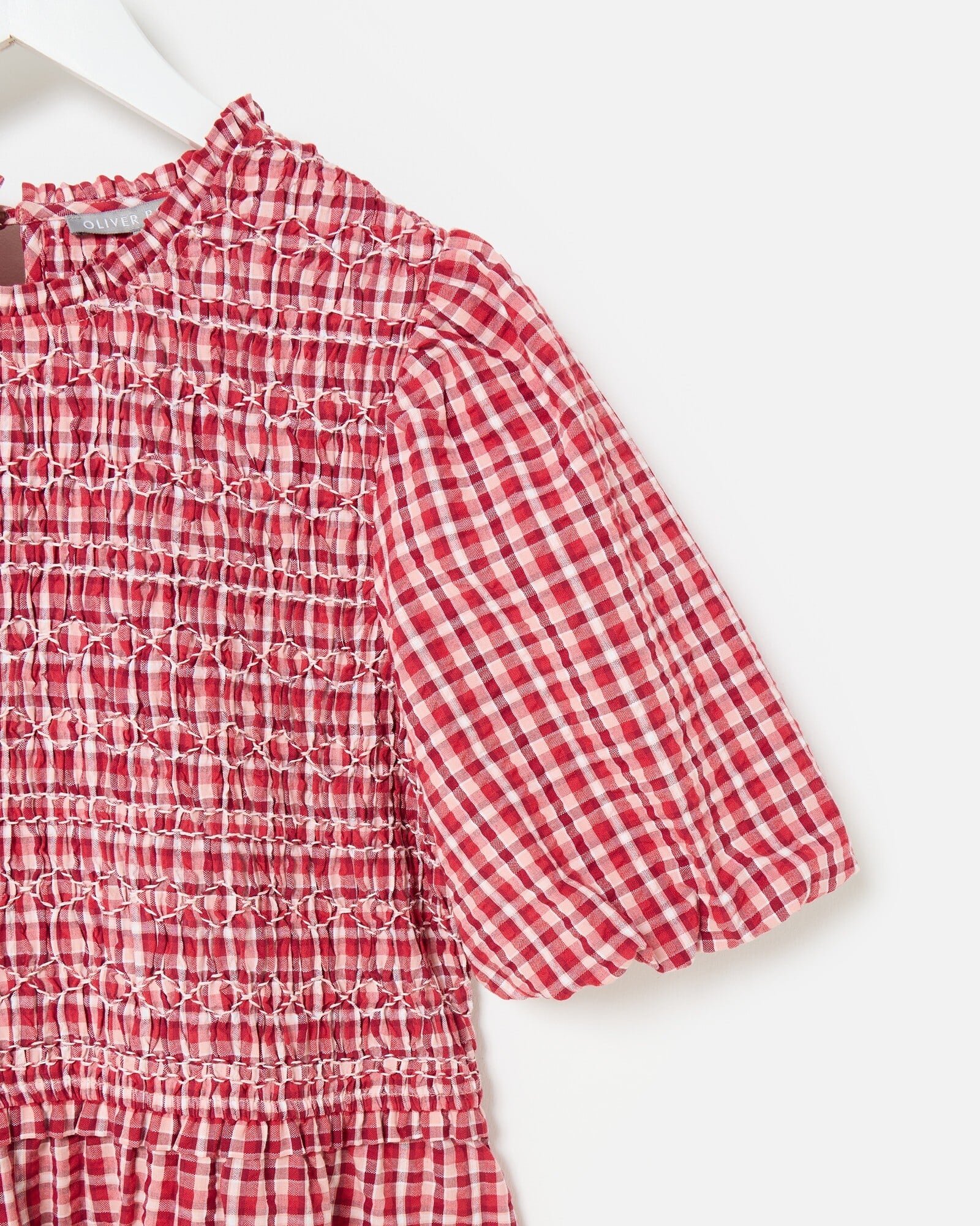 Red Gingham Shirred Bodice Puff Sleeve Midi Dress | Oliver Bonas Red Gingham Shirred Bodice Puff Sleeve Midi Dress | Oliver Bonas