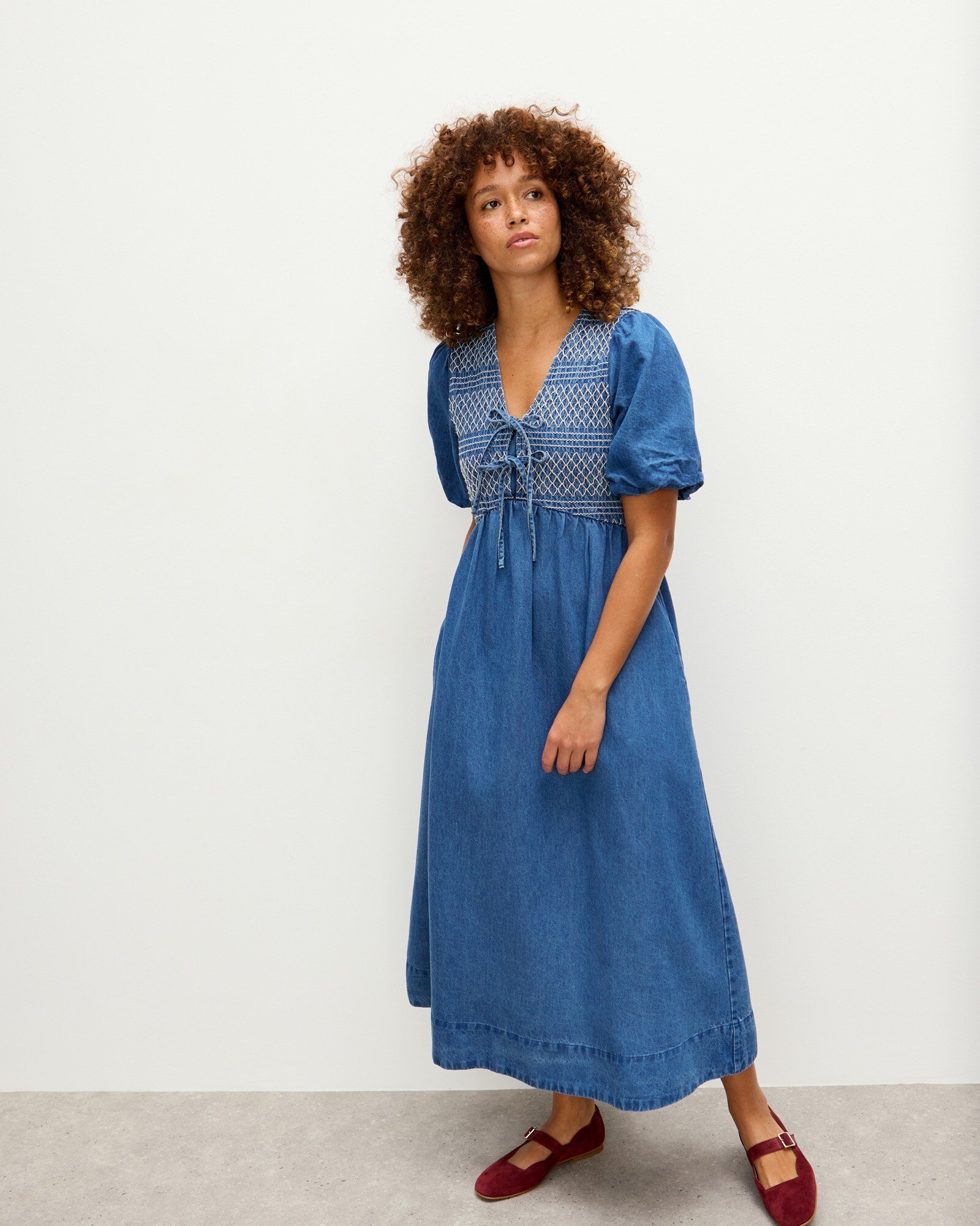 Blue Denim Tie Front Puff Sleeve Midi Dress | Oliver Bonas