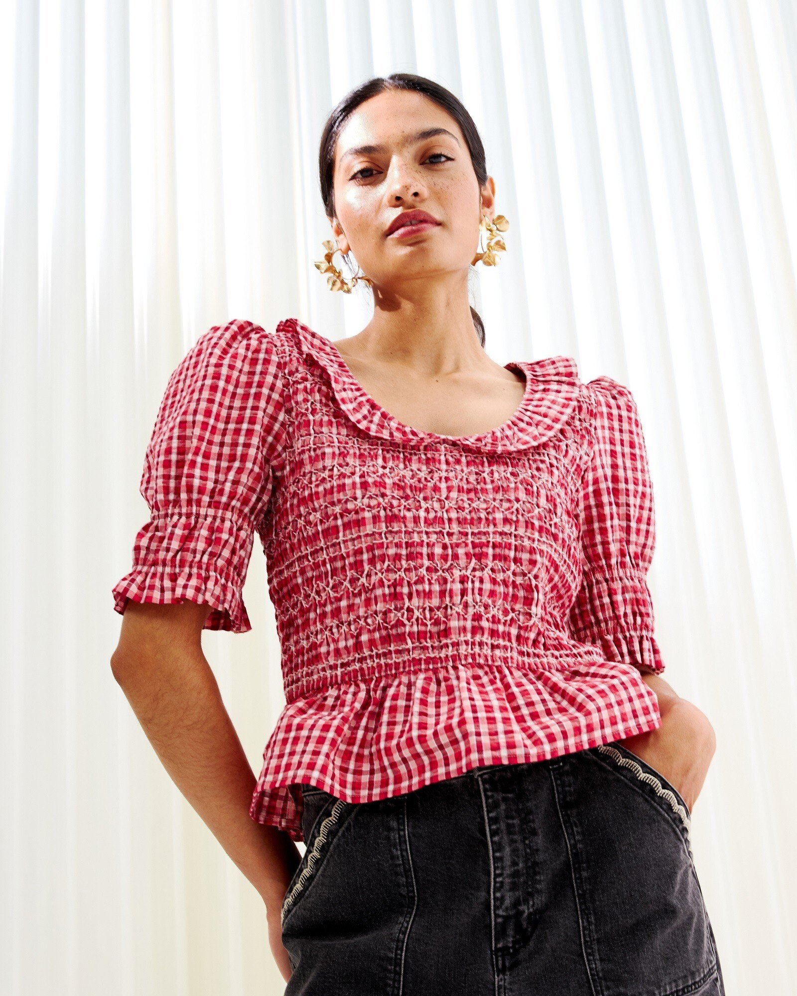 Red Gingham Shirred Puff Sleeve Collared Blouse Oliver Bonas