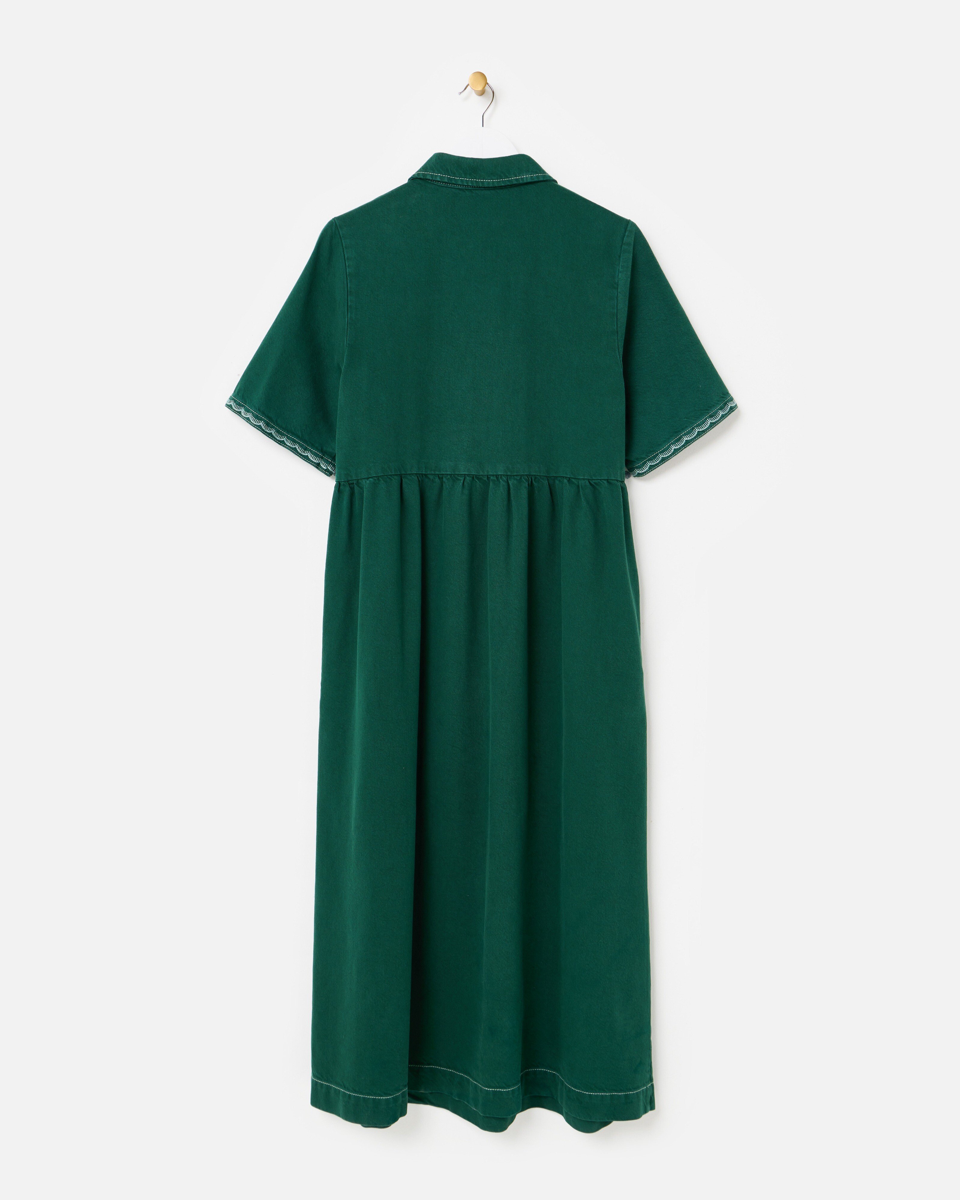 Forest Green Denim Collared Zip Up Midi Dress | Oliver Bonas