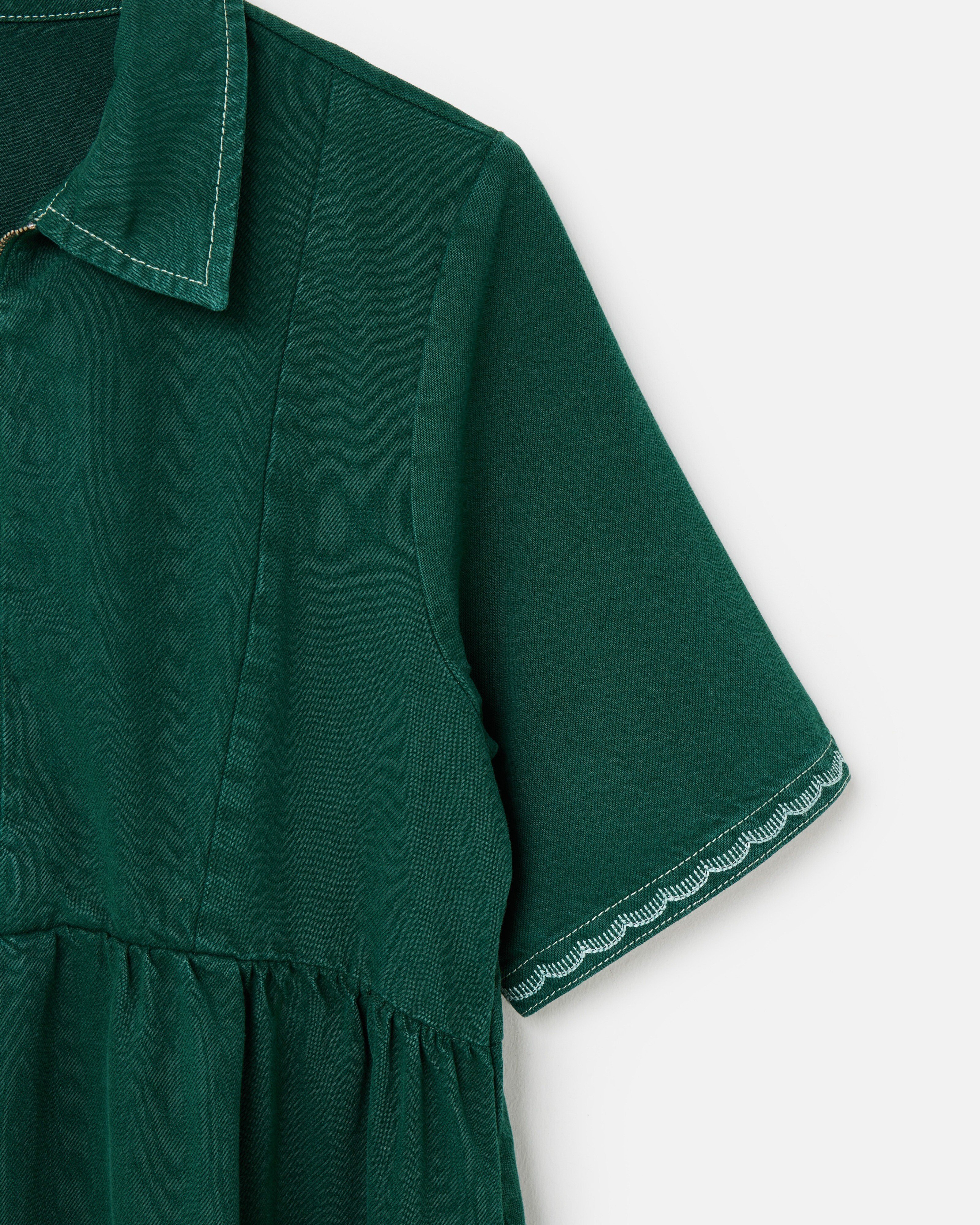 Forest Green Denim Collared Zip Up Midi Dress | Oliver Bonas Forest Green Denim Collared Zip Up Midi Dress | Oliver Bonas