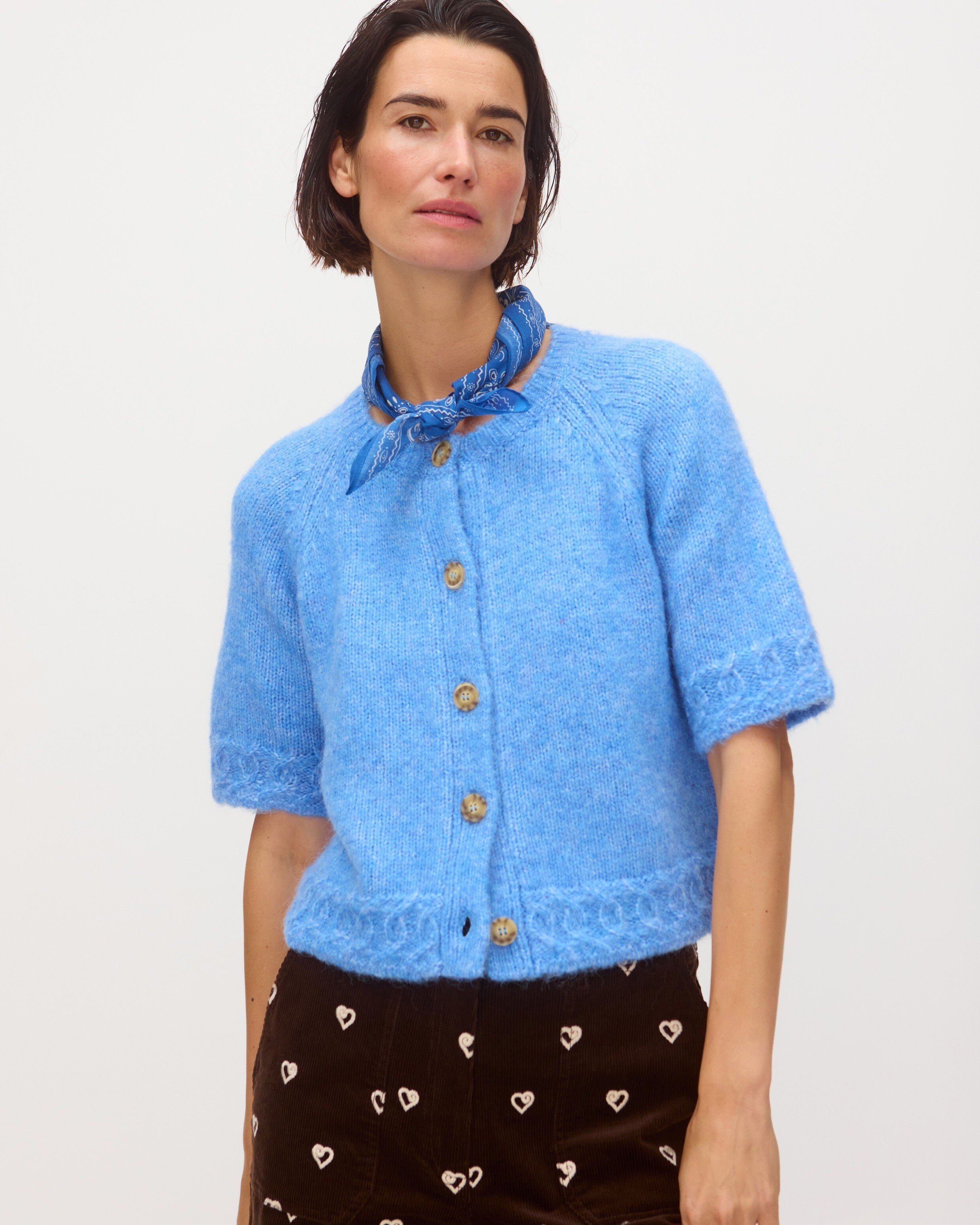 Blue Button Up Short Sleeve Knitted Cardigan | Oliver Bonas