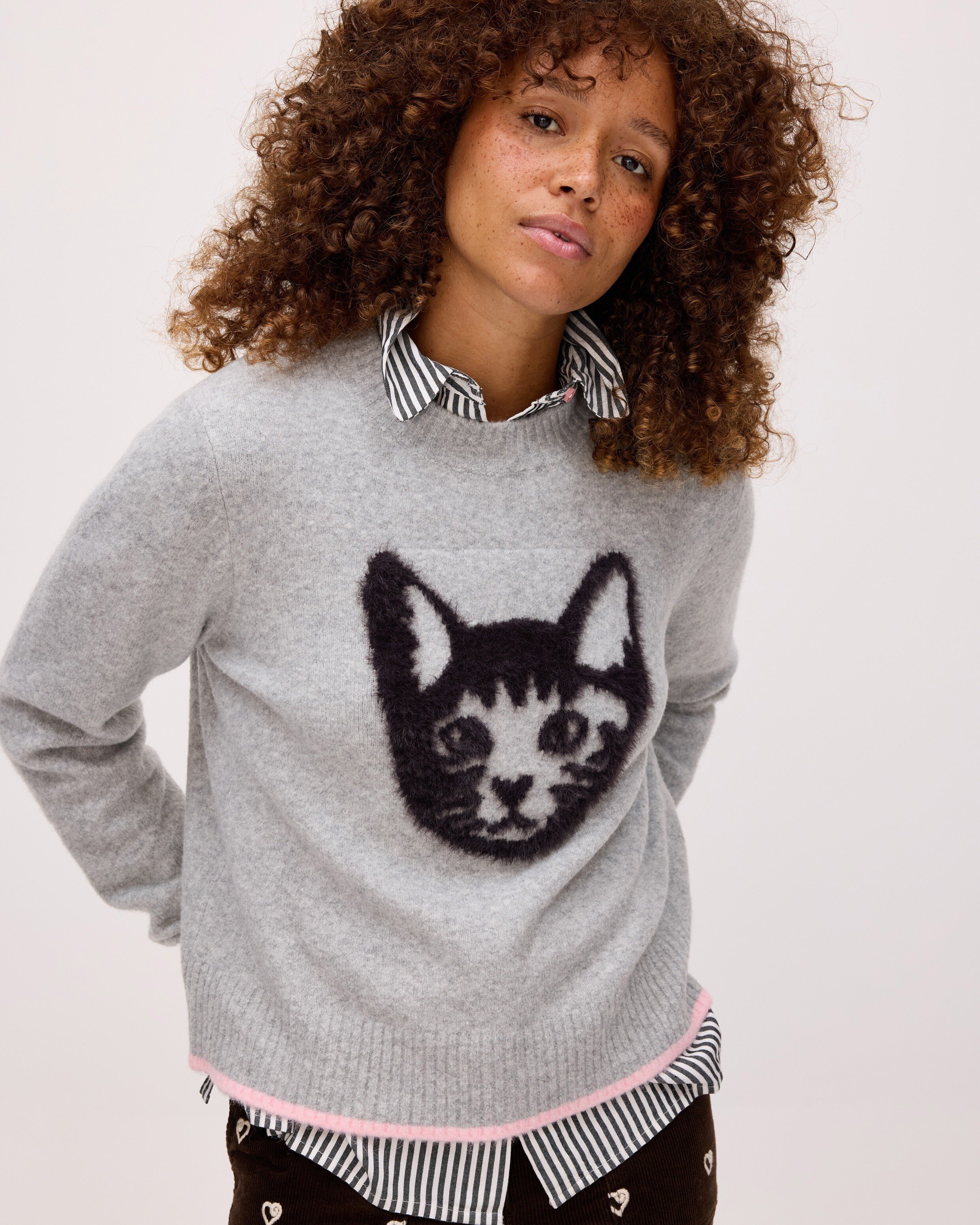 Grey Black Fluffy Cat Knitted Jumper Oliver Bonas