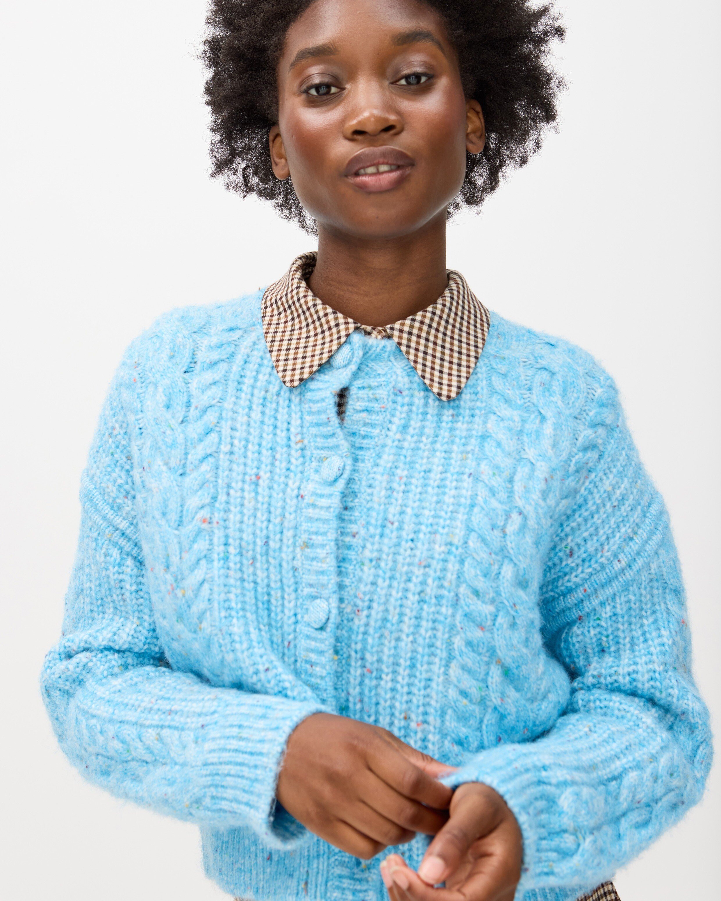 Blue Marl Chunky Cable Knit Cardigan Oliver Bonas