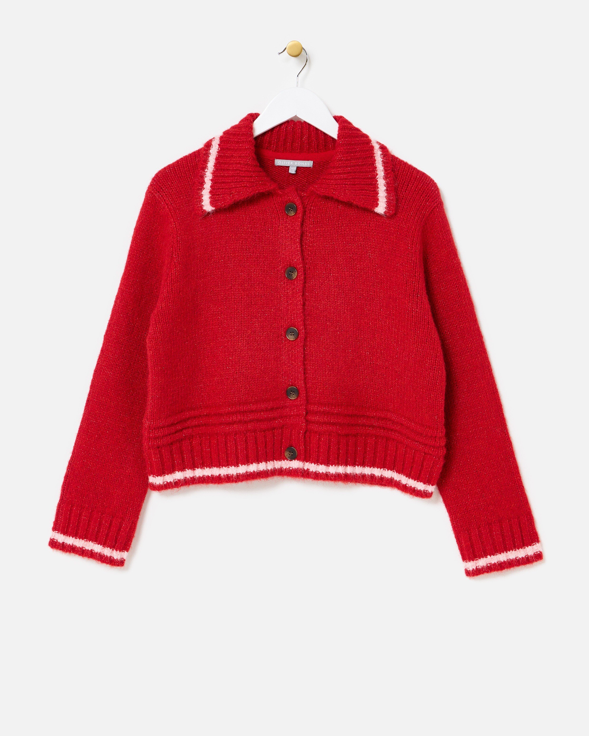 Red Collared Button Up Knitted Cardigan Oliver Bonas - Main Image