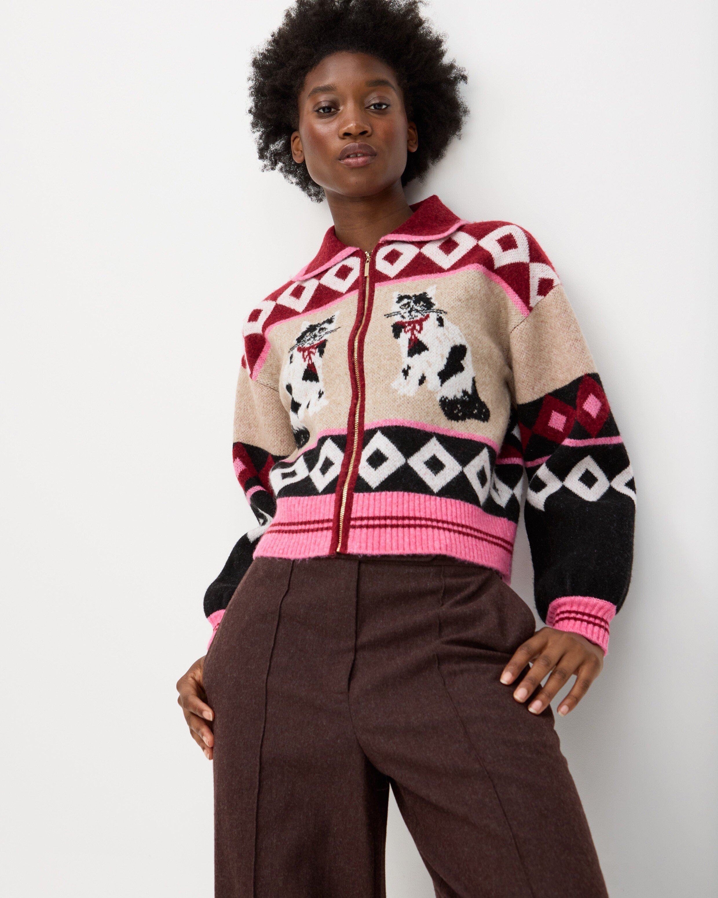 Burgundy Cream Cat Collared Knitted Bomber Jacket Oliver Bonas