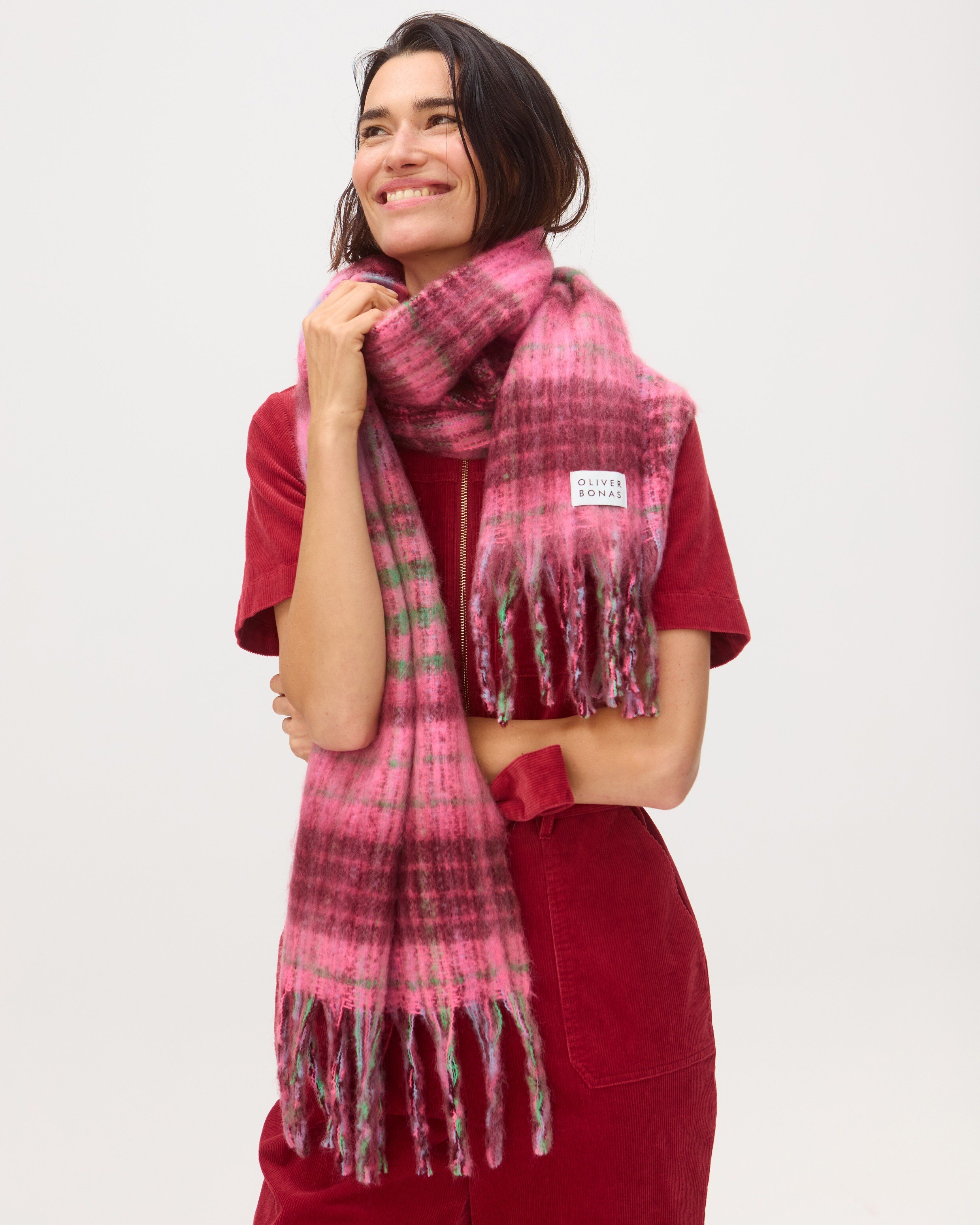 Burgundy Pink Checked Logo Heavyweight Scarf Oliver Bonas
