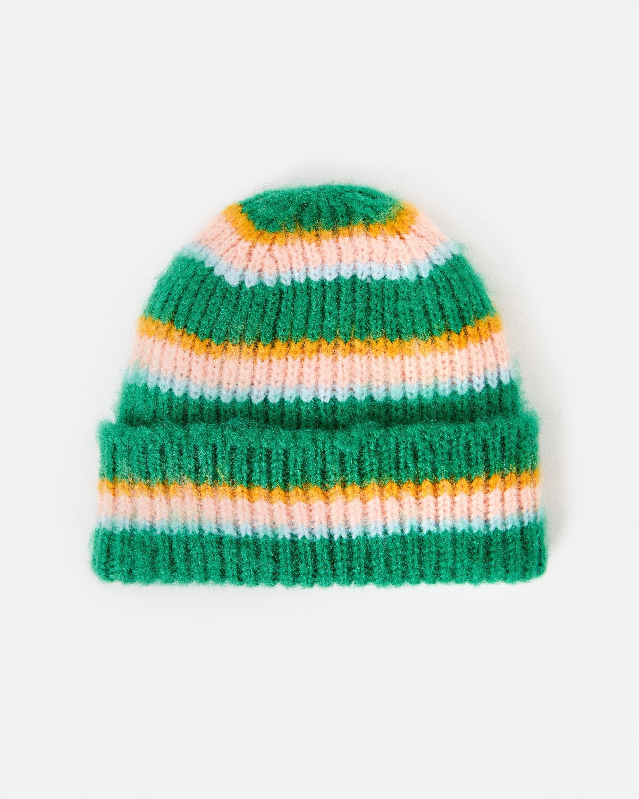Red & Peach Striped Fluffy Ribbed Knitted Beanie Hat | Oliver Bonas