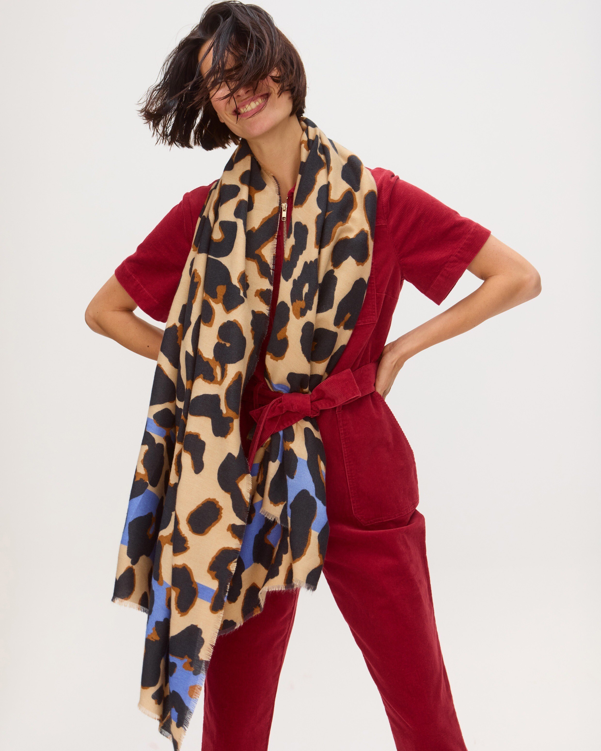 Brown Leopard Print Blue Stripe Midweight Scarf Oliver Bonas