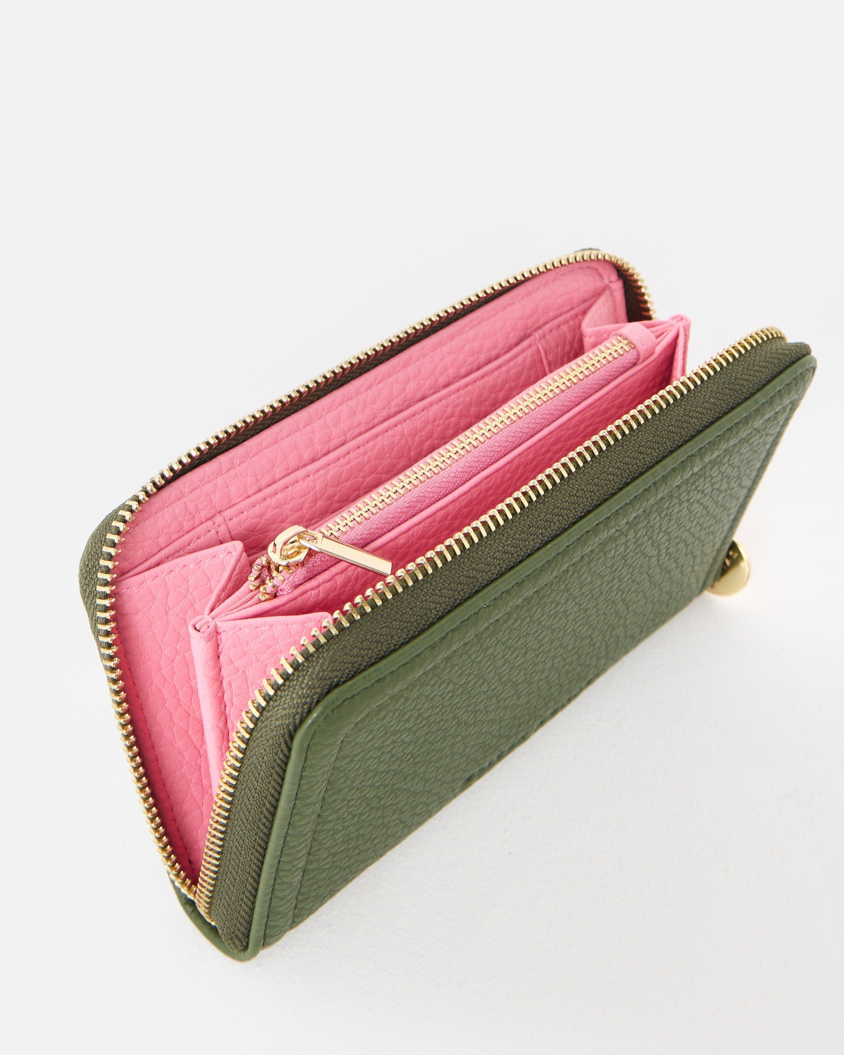 Maddie Khaki Green Zip Around Purse | Oliver Bonas