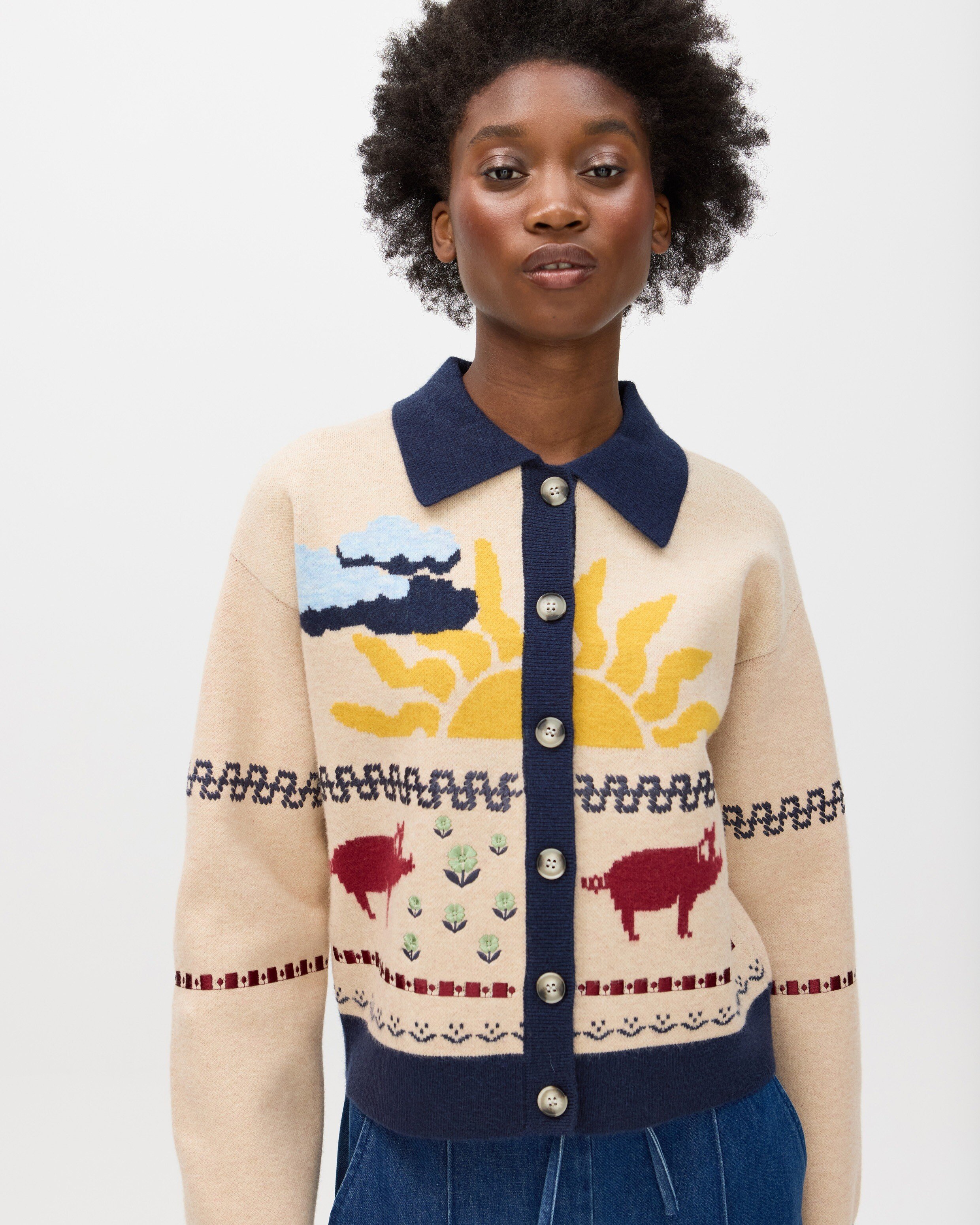 Cream Farmyard Collared Button Up Knitted Cardigan | Oliver Bonas