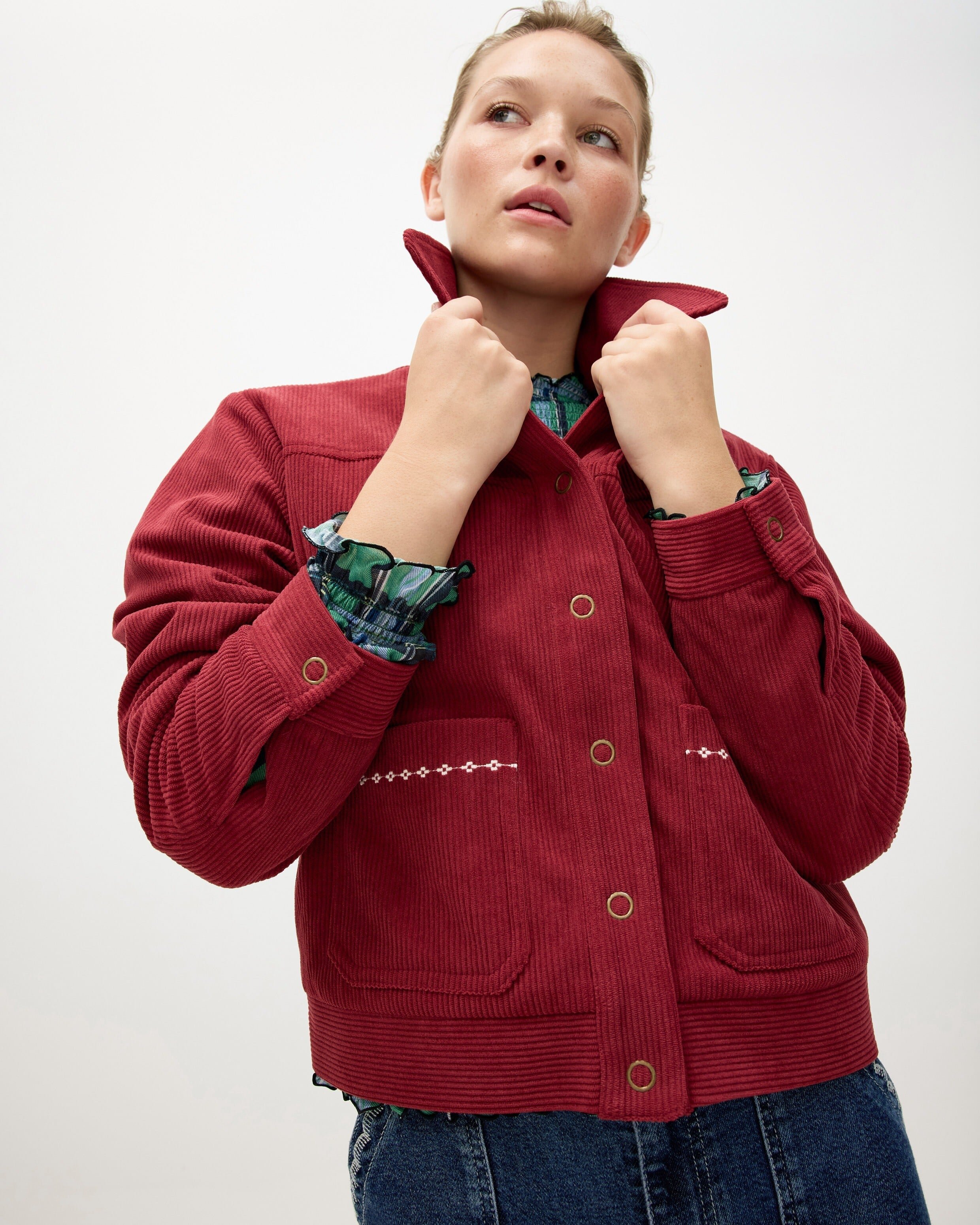 Berry Red Corduroy Embroidered Pocket Collared Jacket | Oliver Bonas