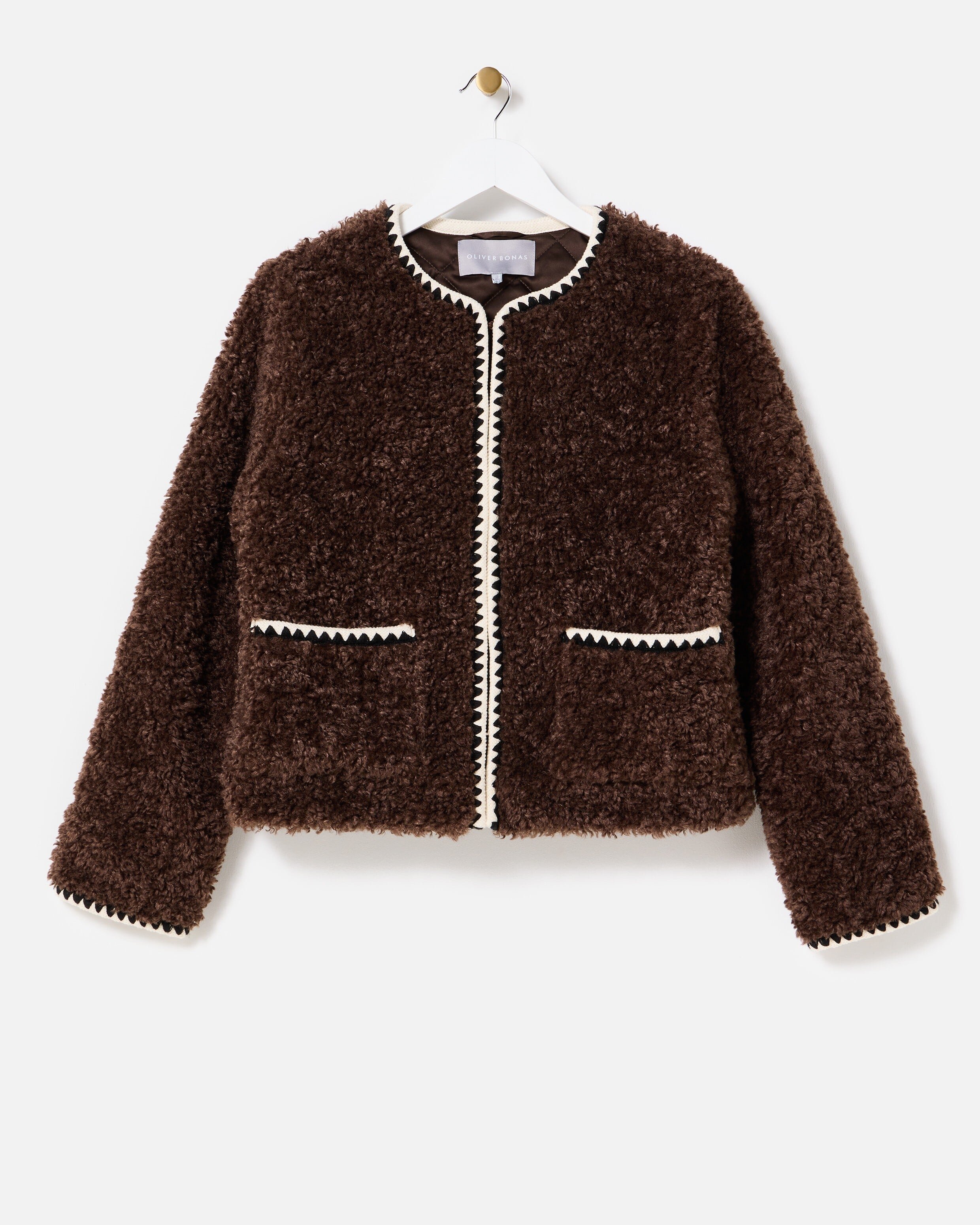 Chocolate Brown Textured Faux Fur Jacket | Oliver Bonas