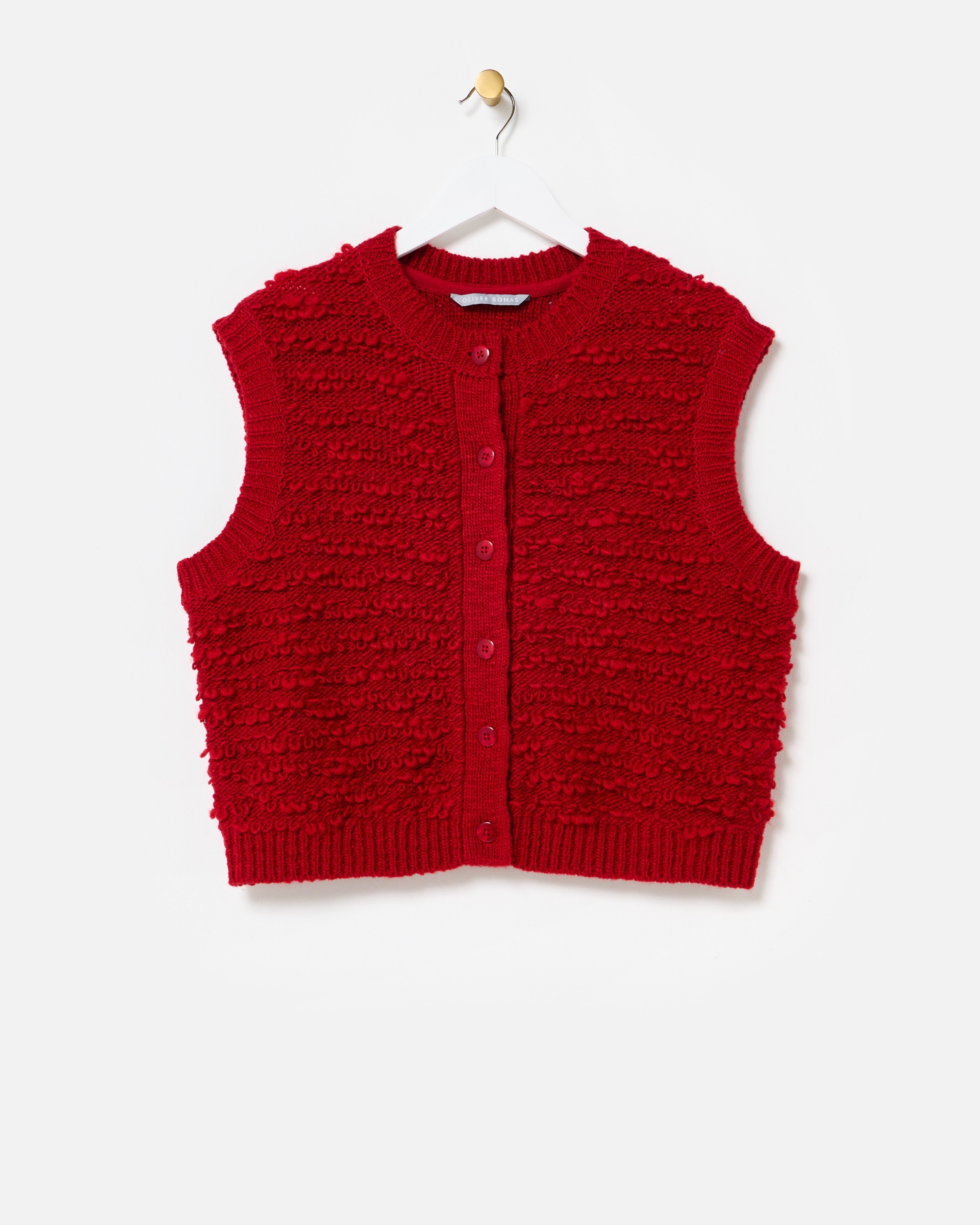 Cherry Red Loop Knitted Button Up Waistcoat | Oliver Bonas