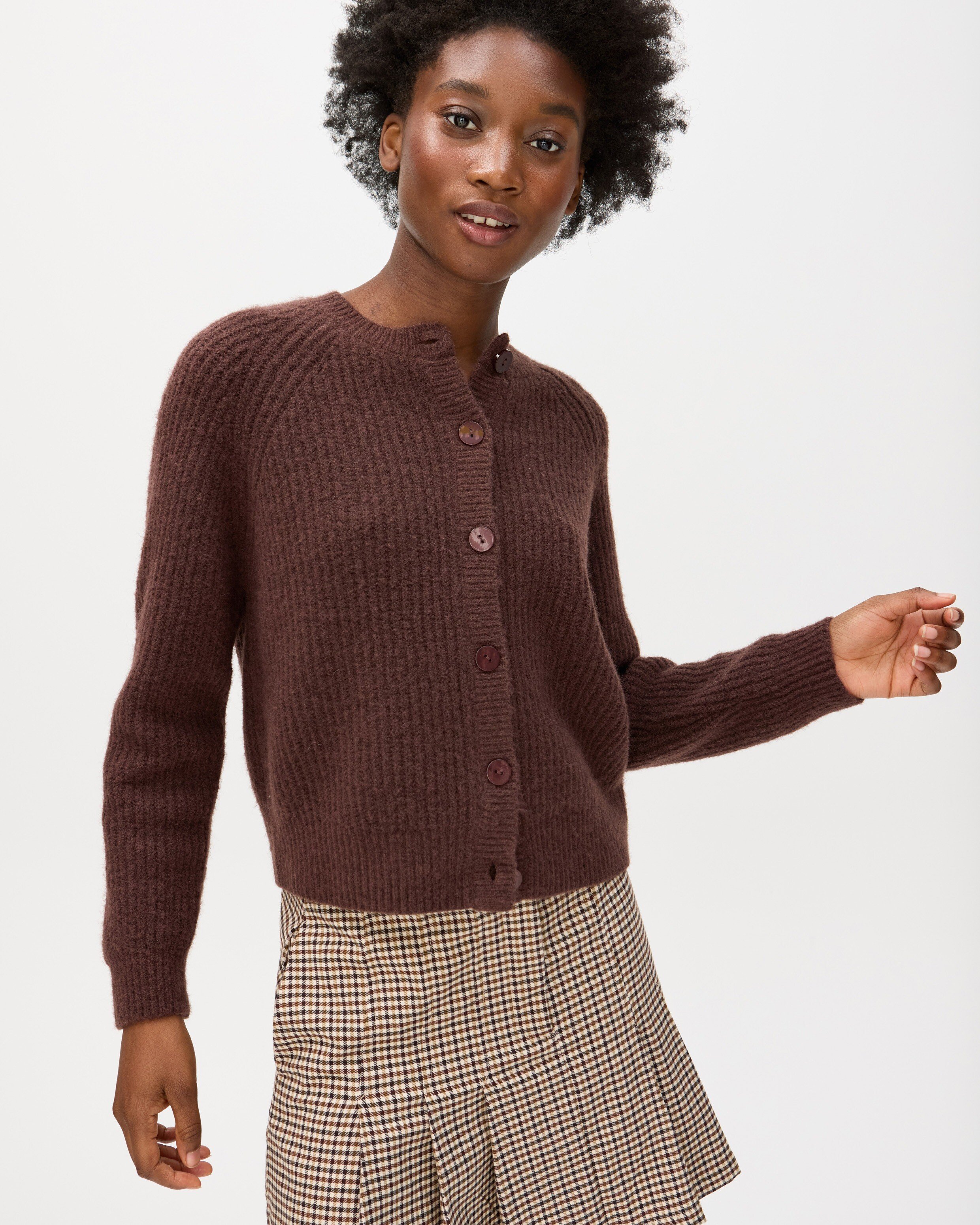 Chocolate Brown Ribbed Crew Neck Knitted Cardigan Oliver Bonas