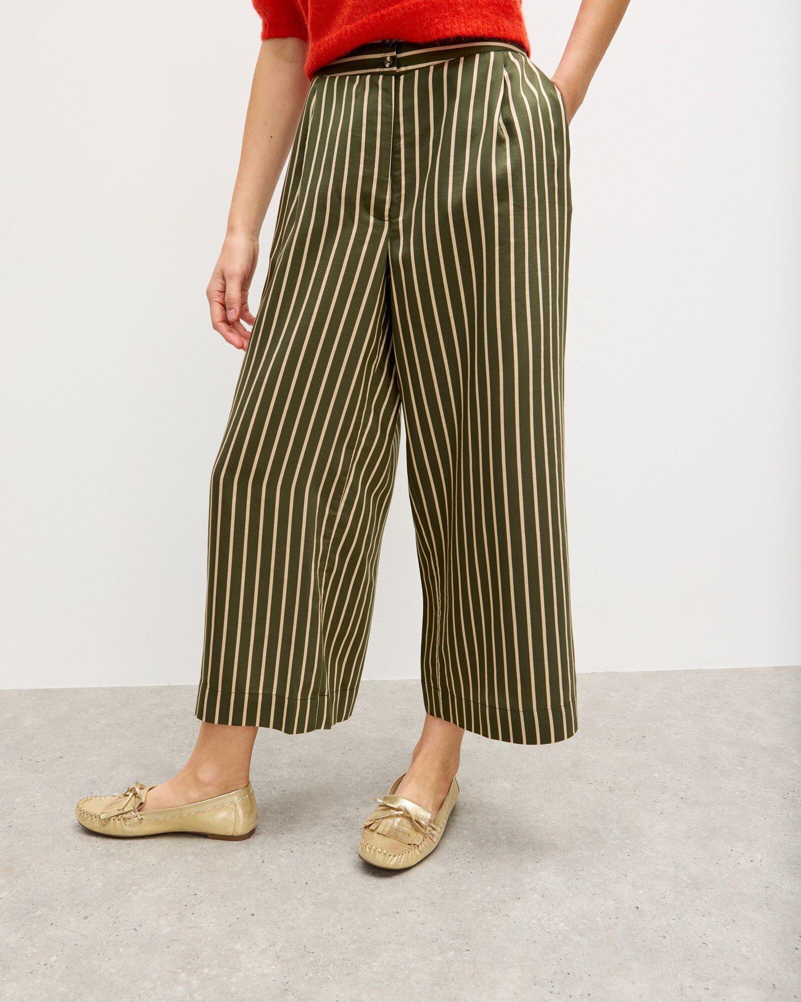Khaki Green Cream Striped Cropped Wide Leg Trousers Oliver Bonas