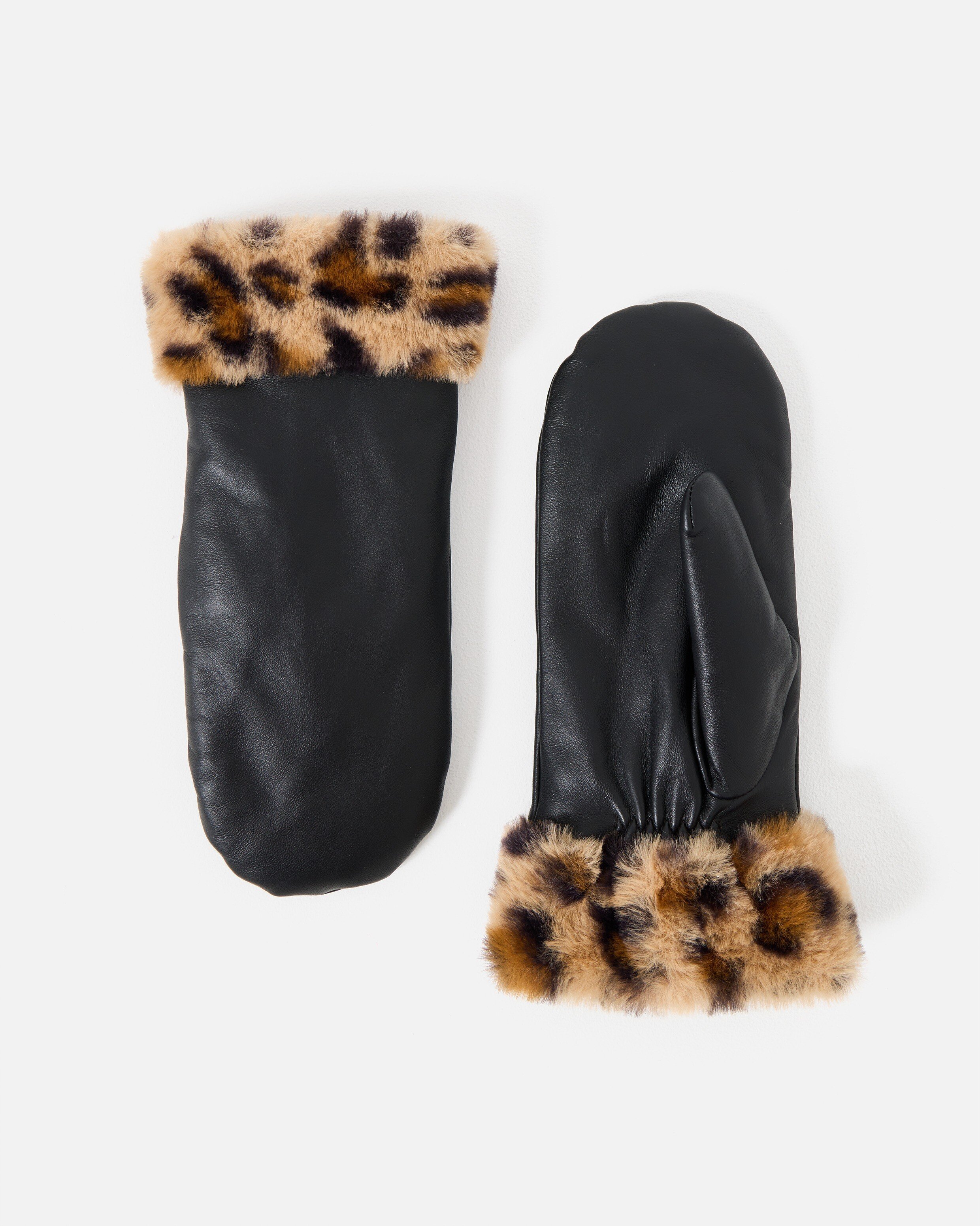 Black Leather Animal Print Faux Fur Mitten Gloves Oliver Bonas IE