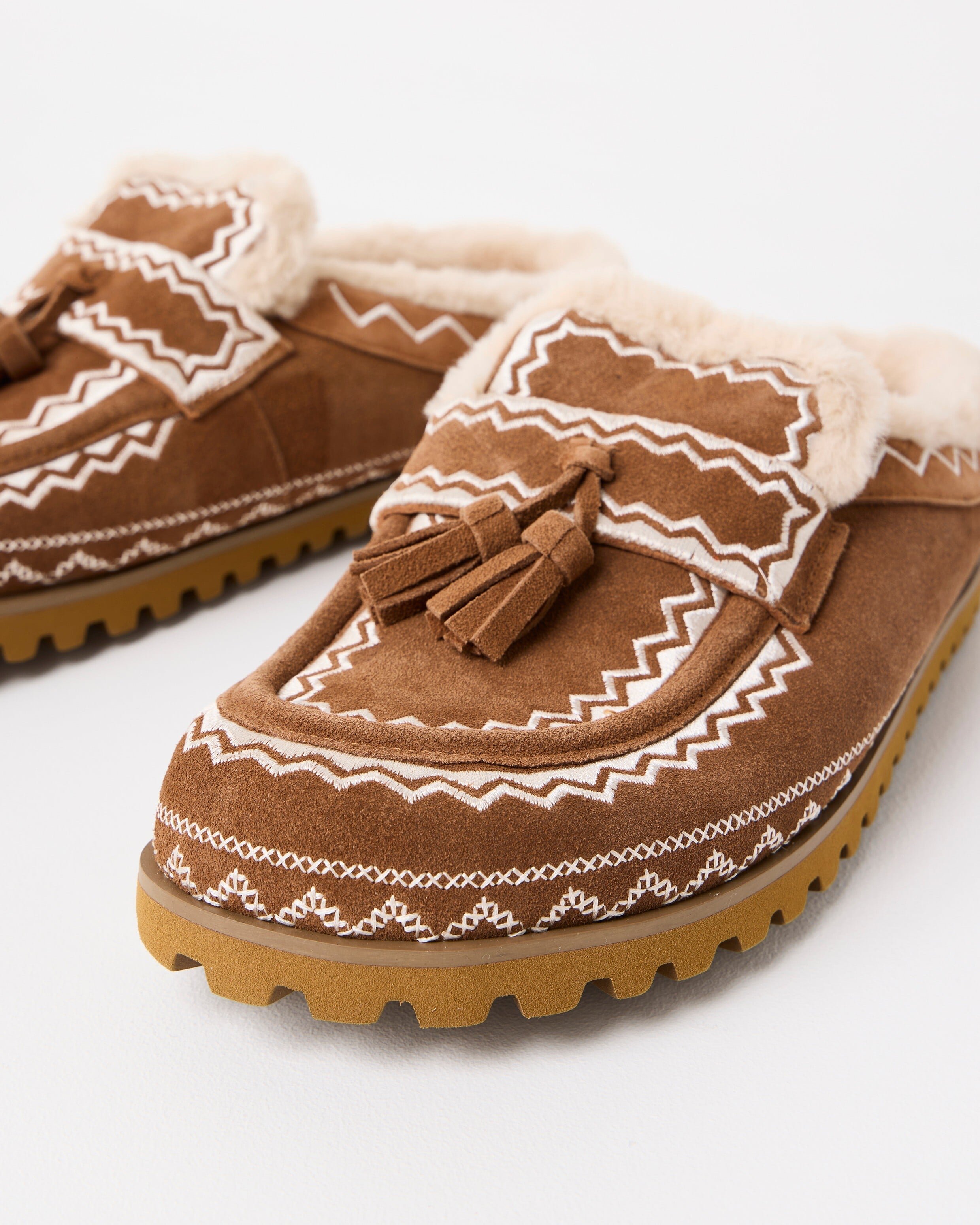 Bibi Lou Brown & Cream Embroidered Suede Slip On Loafers | Oliver