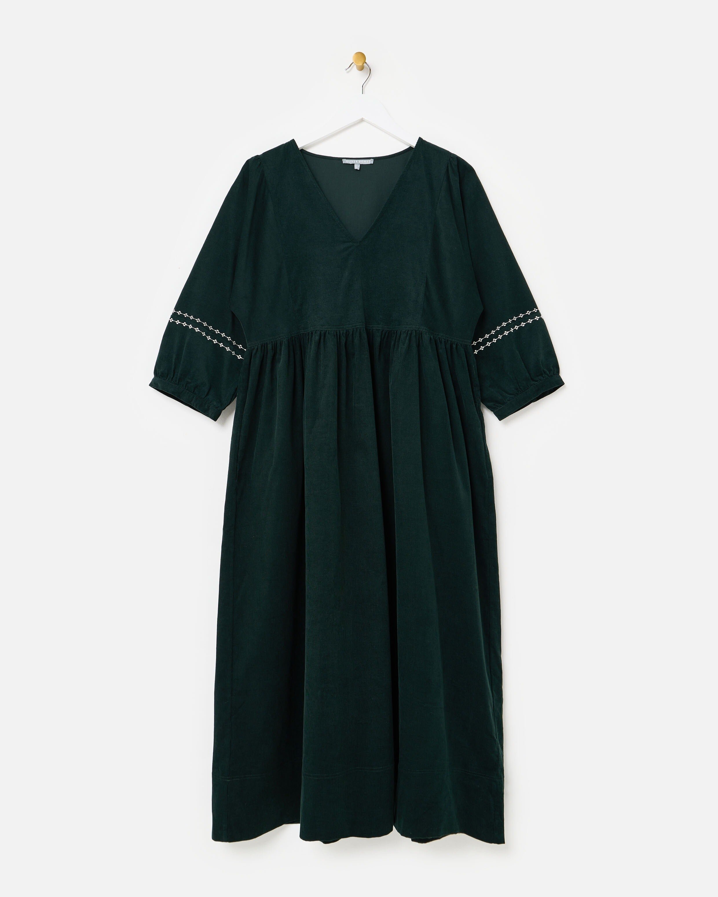 Dark Green Corduroy Embroidered Sleeve V-Neck Midi Dress | Oliver Bonas