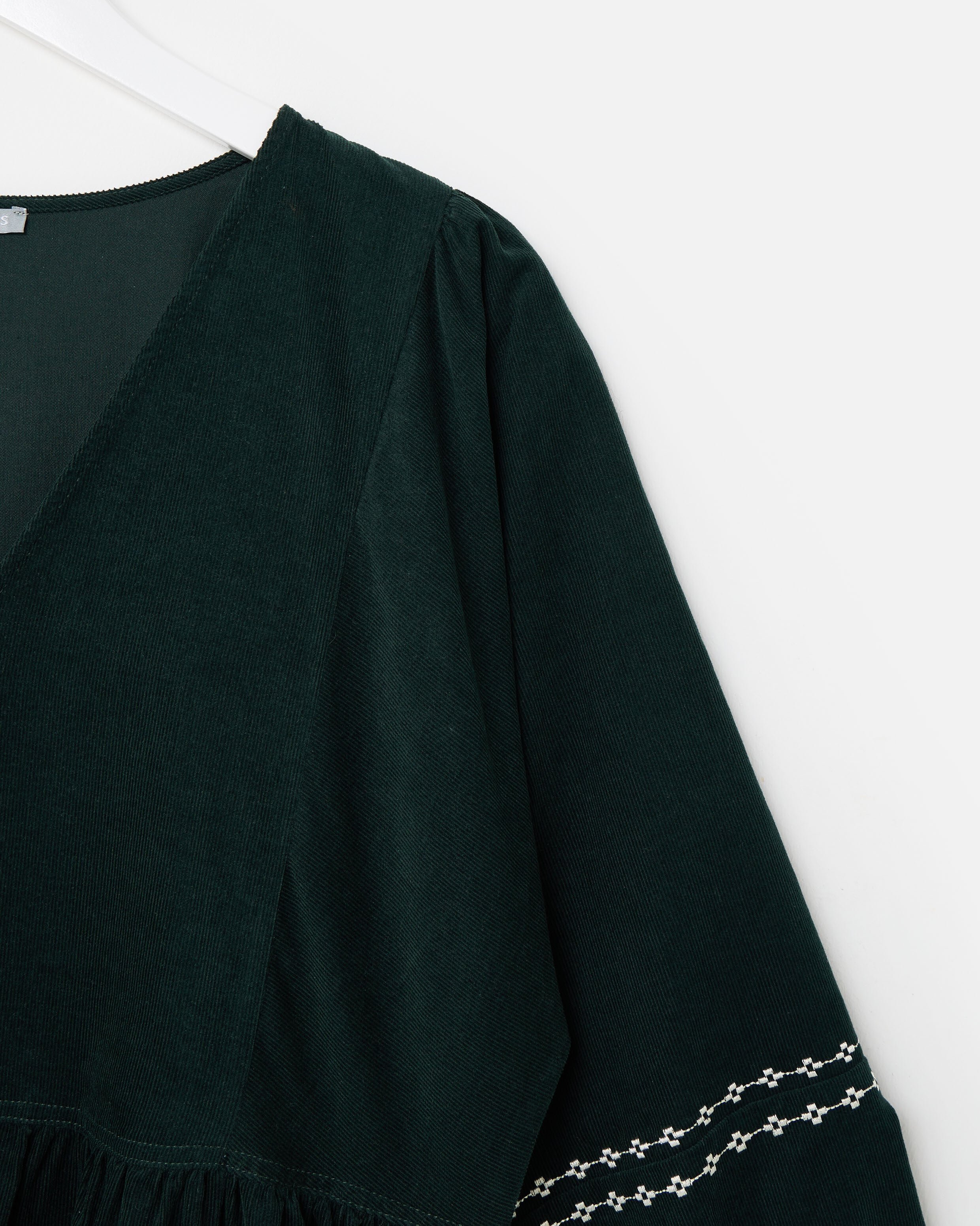 Dark Green Corduroy Embroidered Sleeve V-Neck Midi Dress | Oliver Bonas Dark Green Corduroy Embroidered Sleeve V-Neck Midi Dress | Oliver Bonas