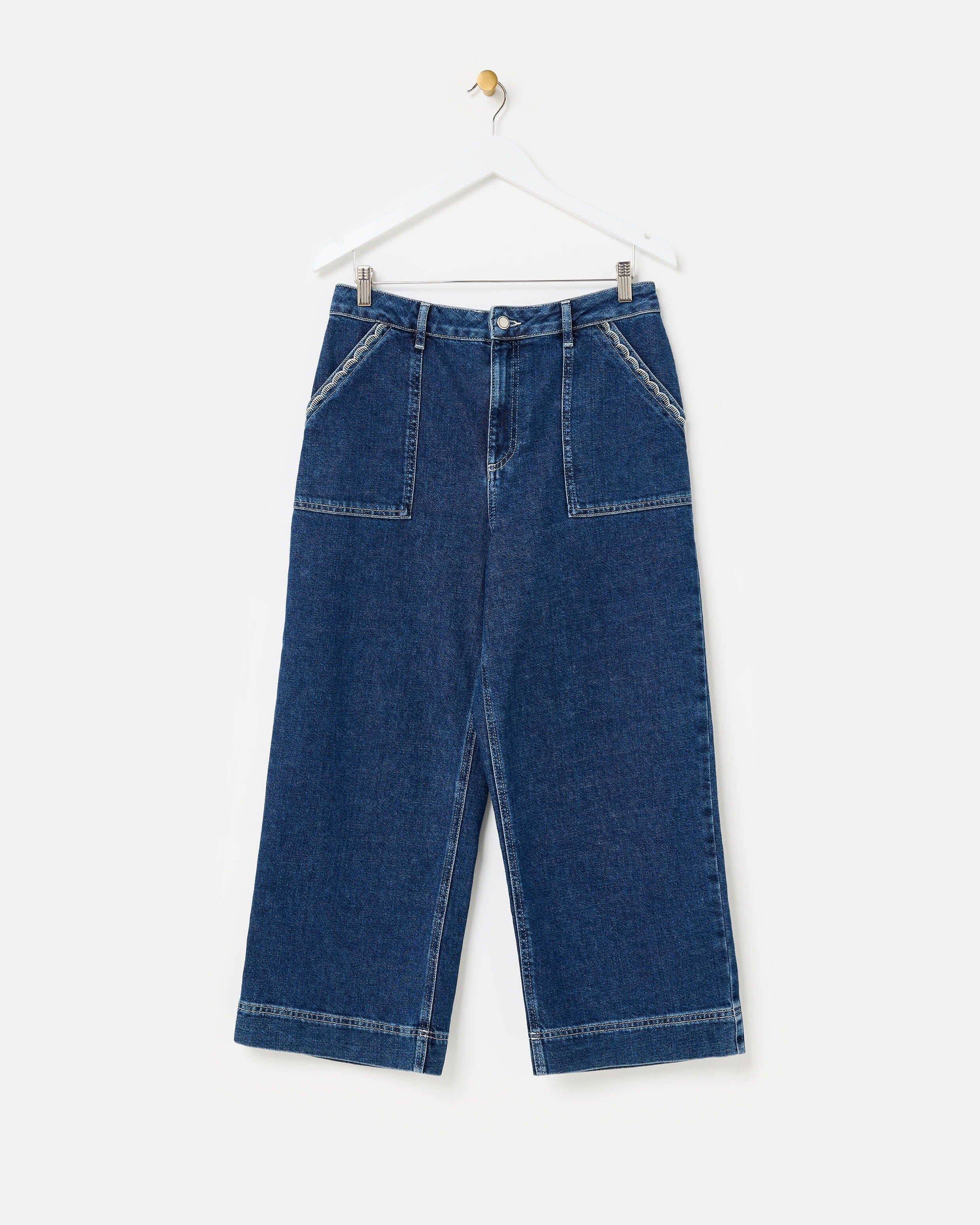 Mid Blue Denim Scallop Stitch Cropped Wide Leg Jeans | Oliver Bonas