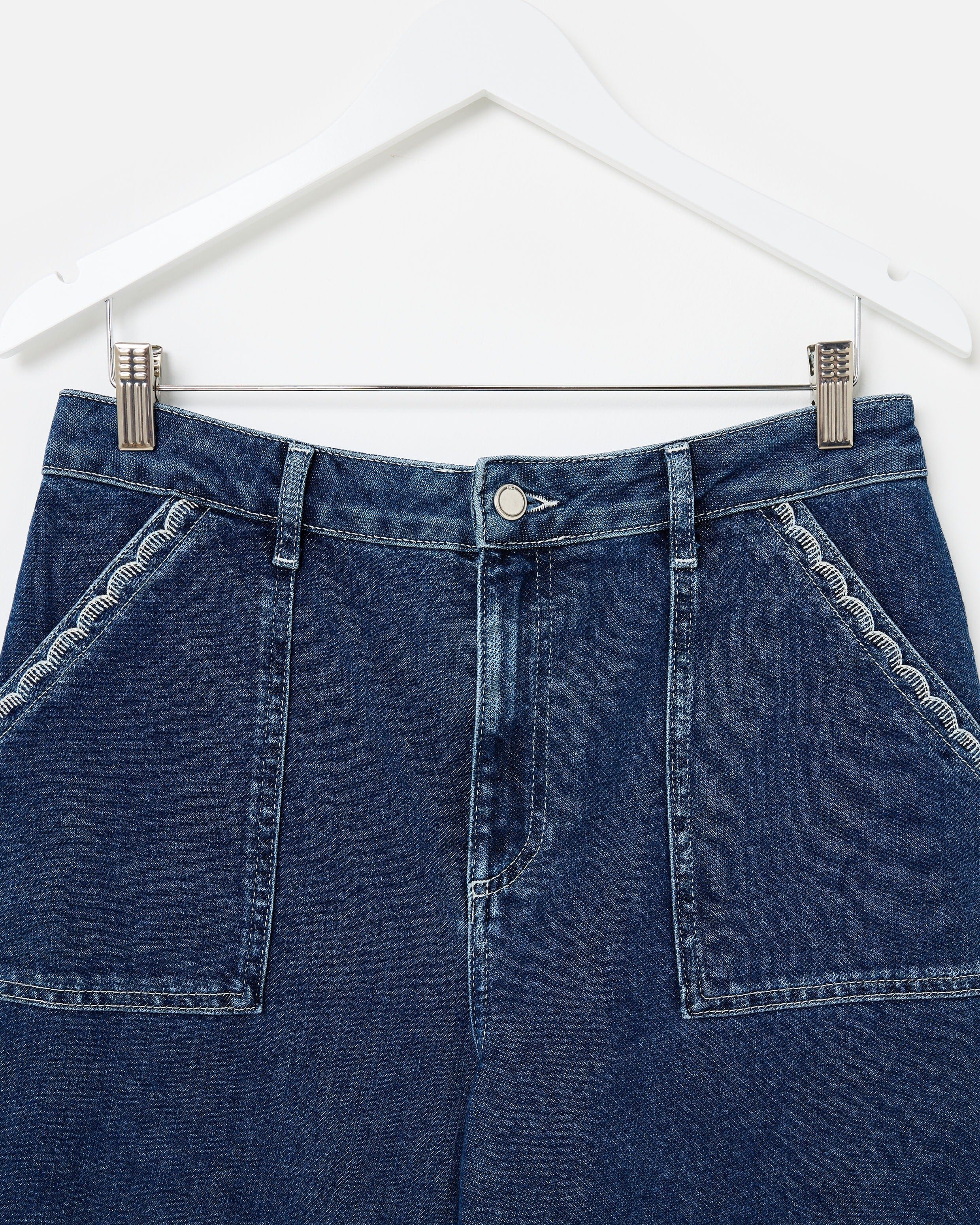 Mid Blue Denim Scallop Stitch Cropped Wide Leg Jeans | Oliver Bonas