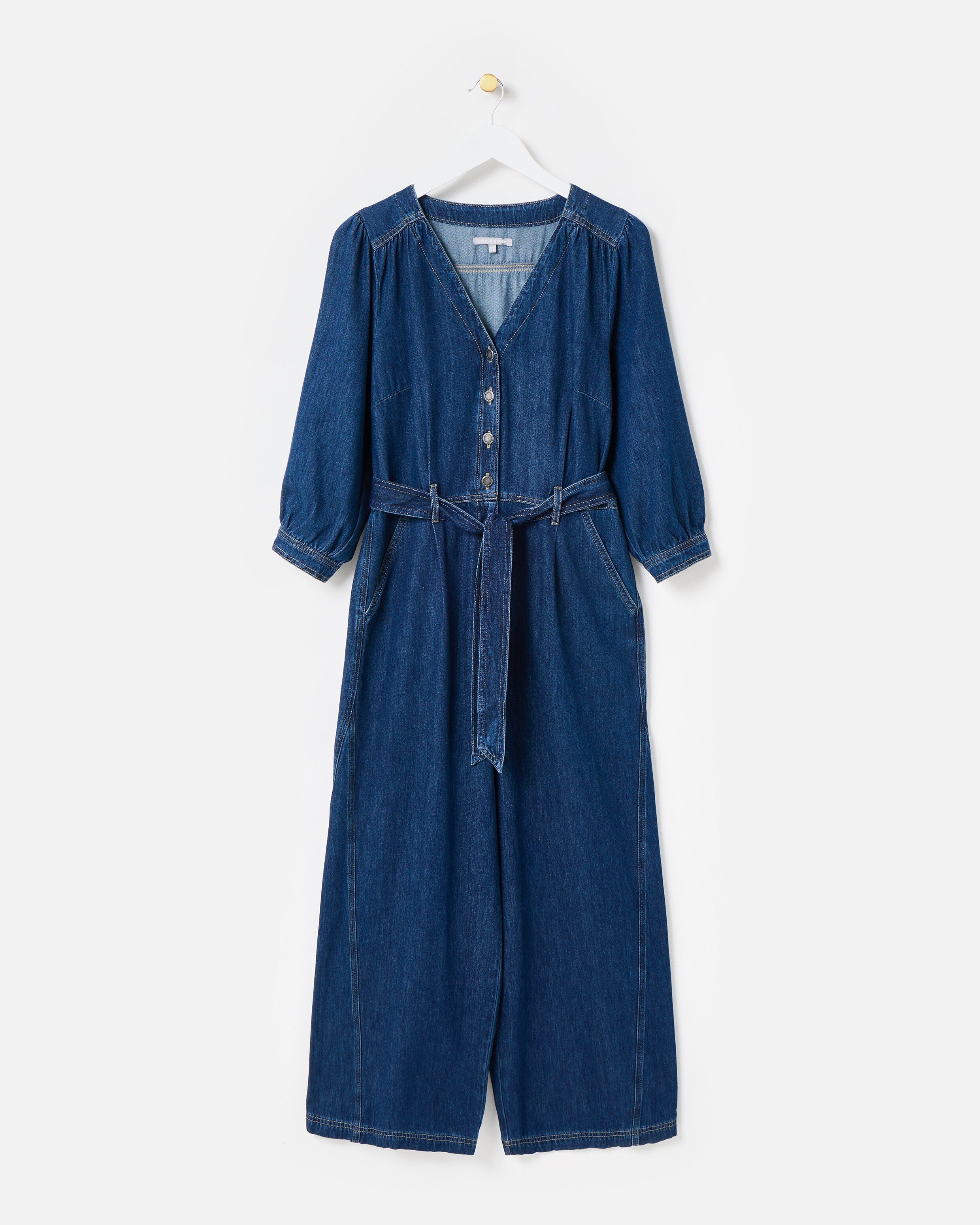 Dark Blue Denim V-Neck Tie Waist Jumpsuit | Oliver Bonas