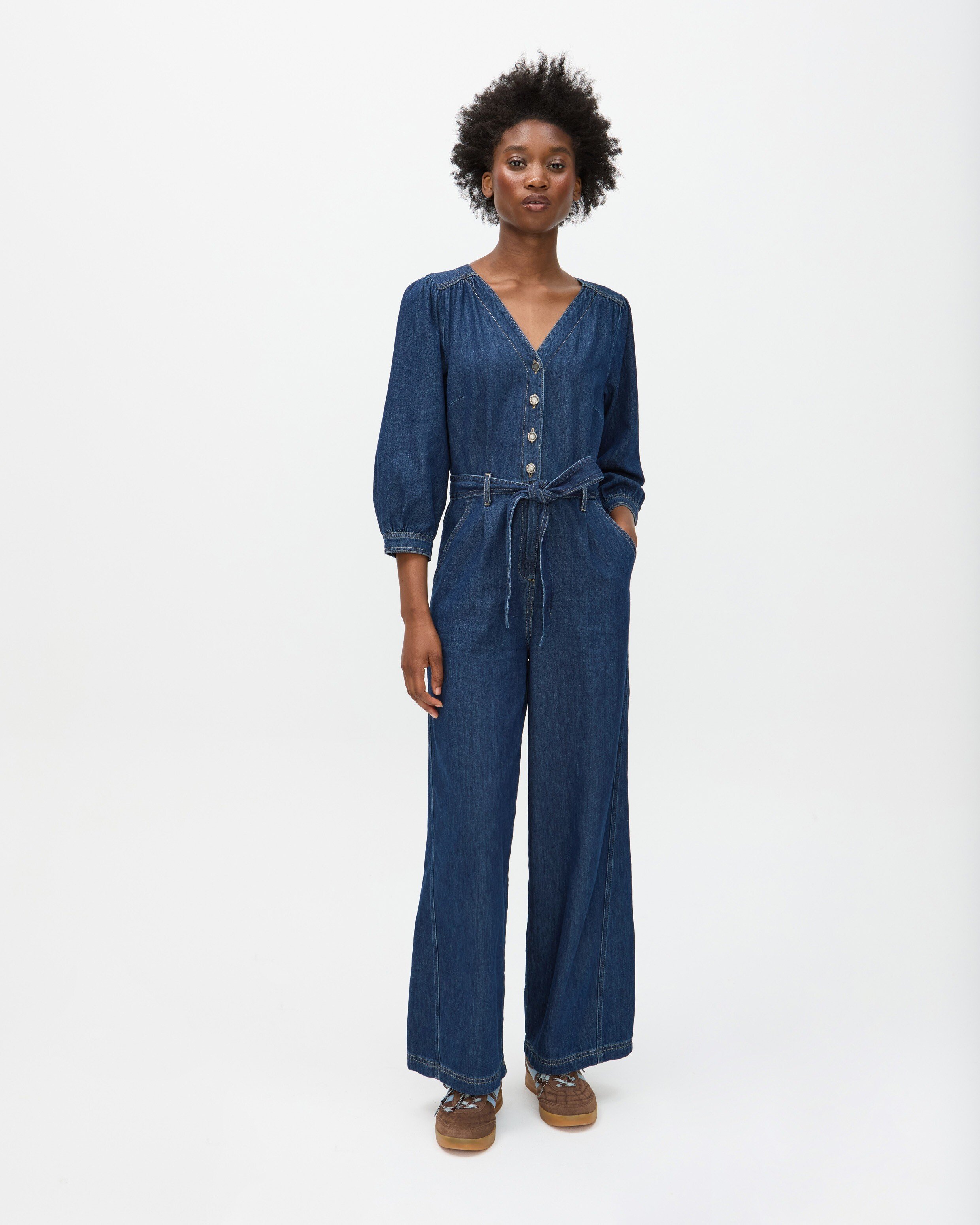 Dark Blue Denim V-Neck Tie Waist Jumpsuit | Oliver Bonas